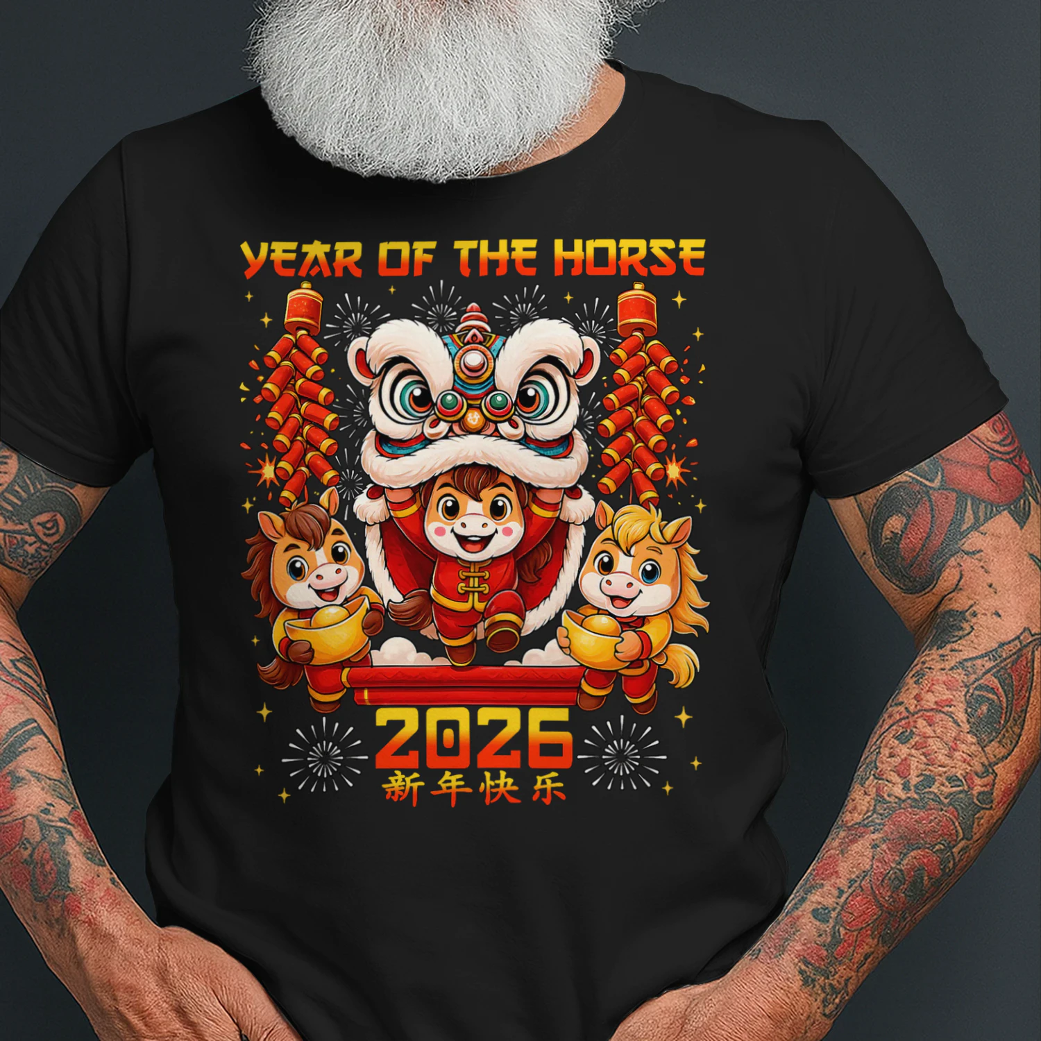 Year Of The Horse 2026 Lion Dance Chinese New Year Kid Men Horse T Shirt HOR0163