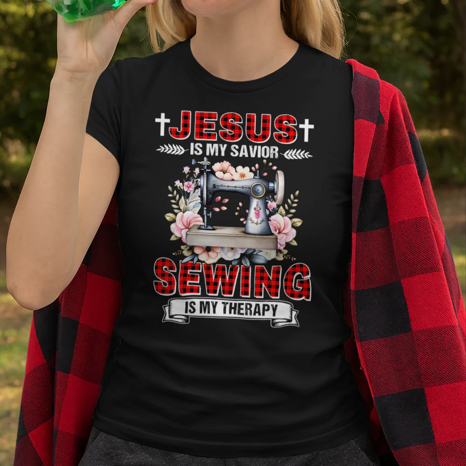 Womens Jesus Is My Savior Sewing Is My Therapy Funny V Neck T Shirt SEQ0871