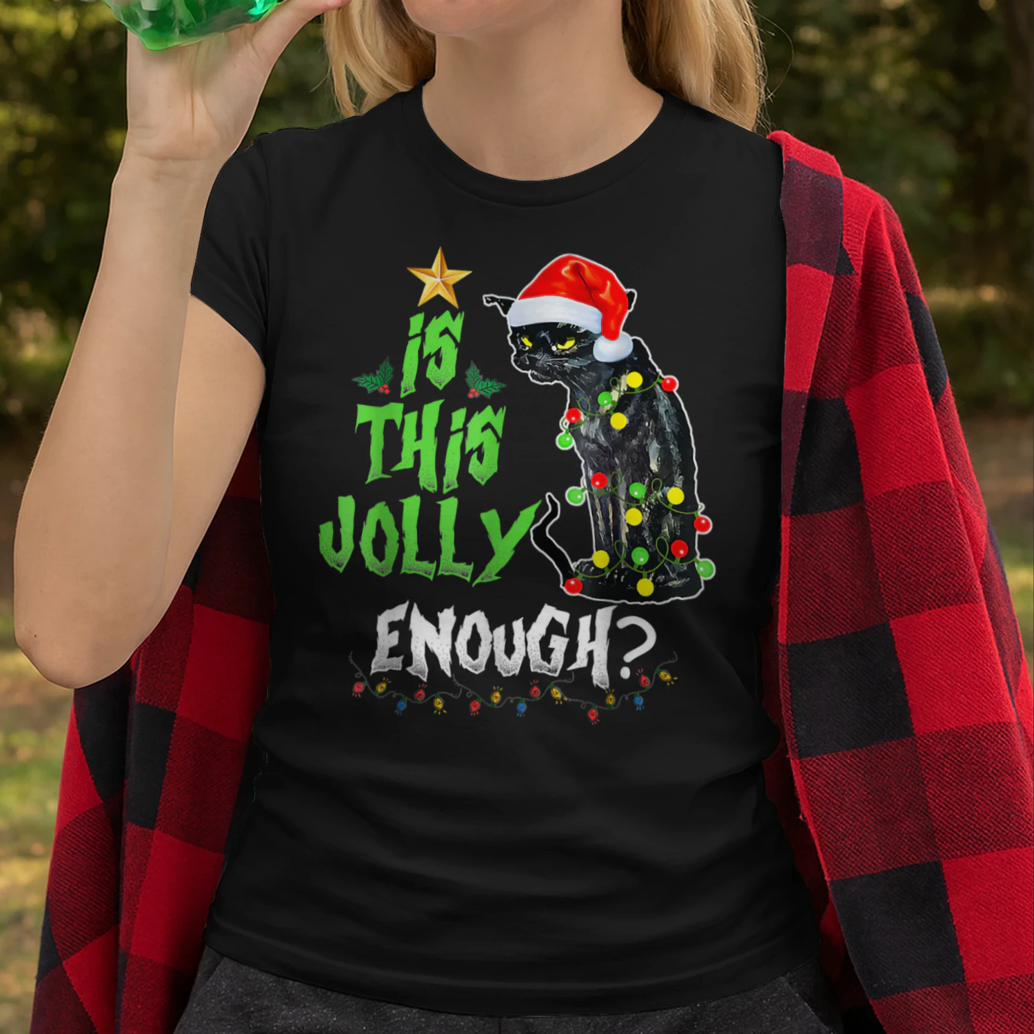 Womens Is This Jolly Enough Noel Black Cat Merry Christmas Long Sleeve T Shirt CAT1683
