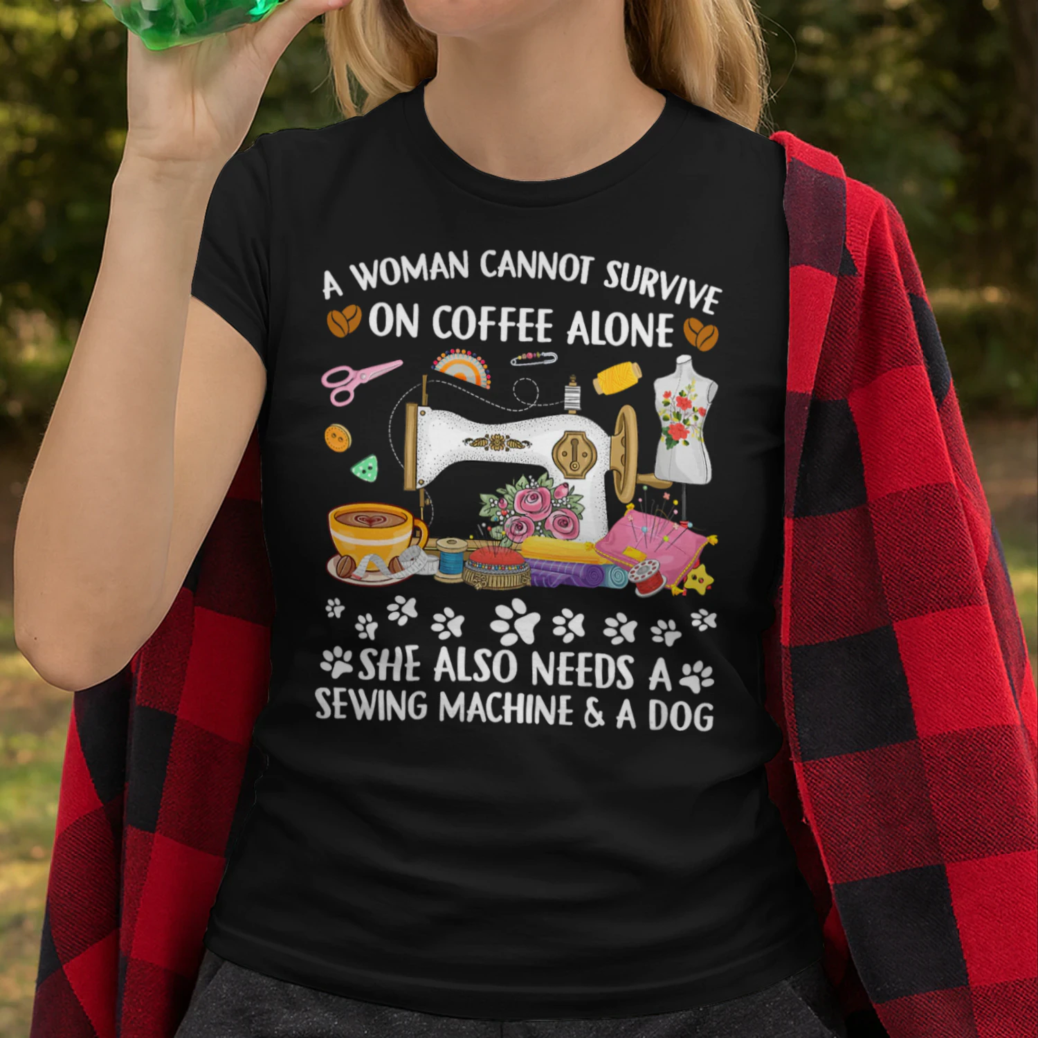 Womens Funny Sewing Coffee and Dogs Lover Sewer Dogs Quilting Quilt V Neck T Shirt SEQ0861