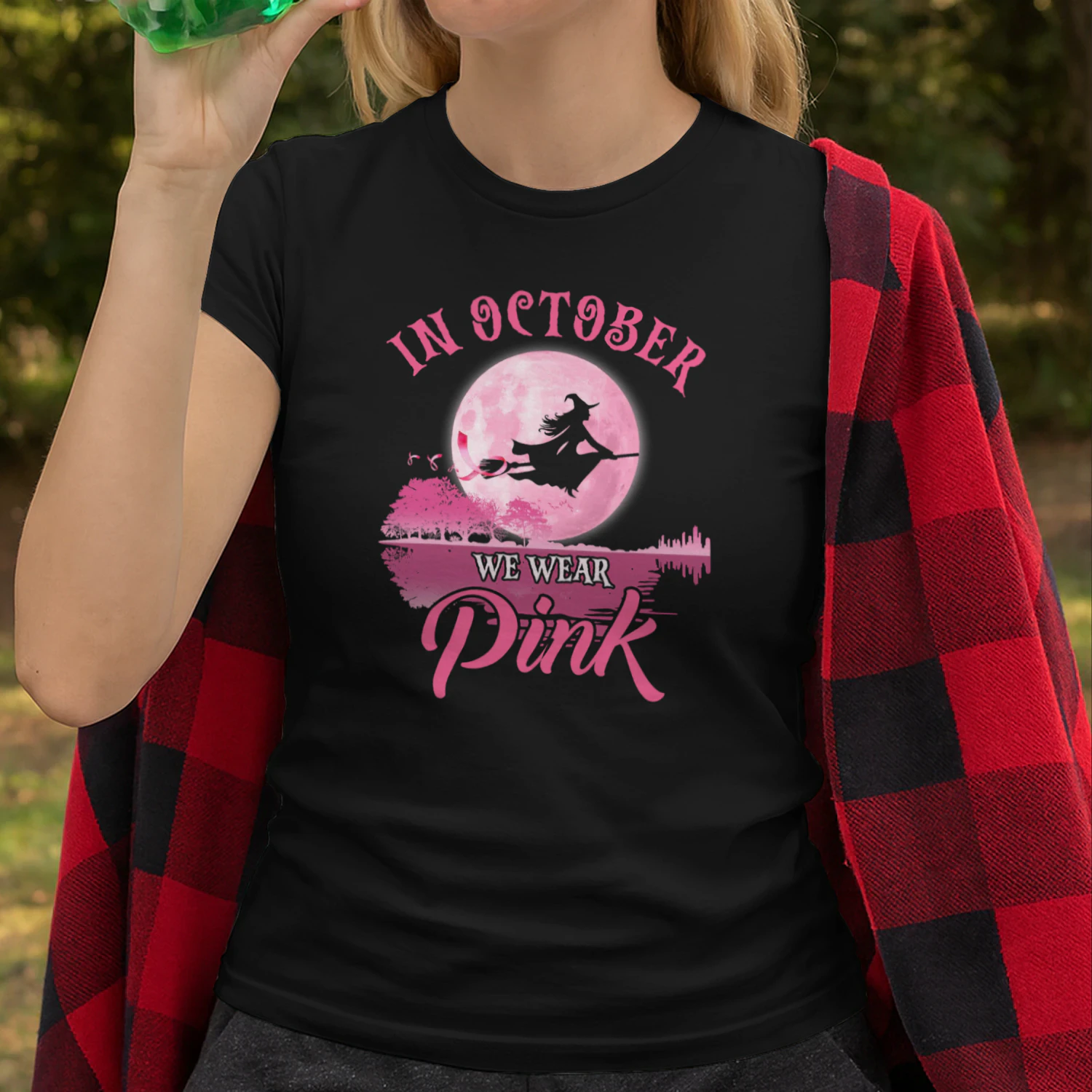 In October We Wear Pink Ribbon Witch Halloween Breast Cancer Witch T Shirt WIT0206