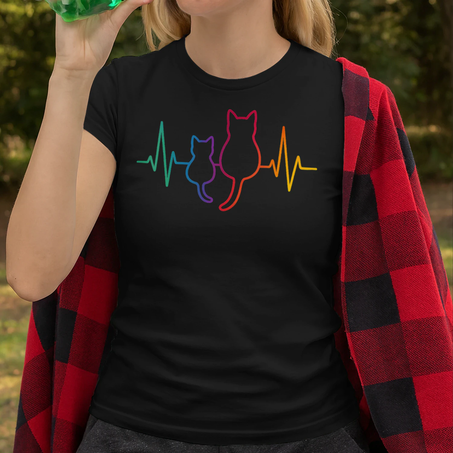 Women's Heartbeat cute Cat minimalist kawaii animal art silhouette V Neck T Shirt CAT1680