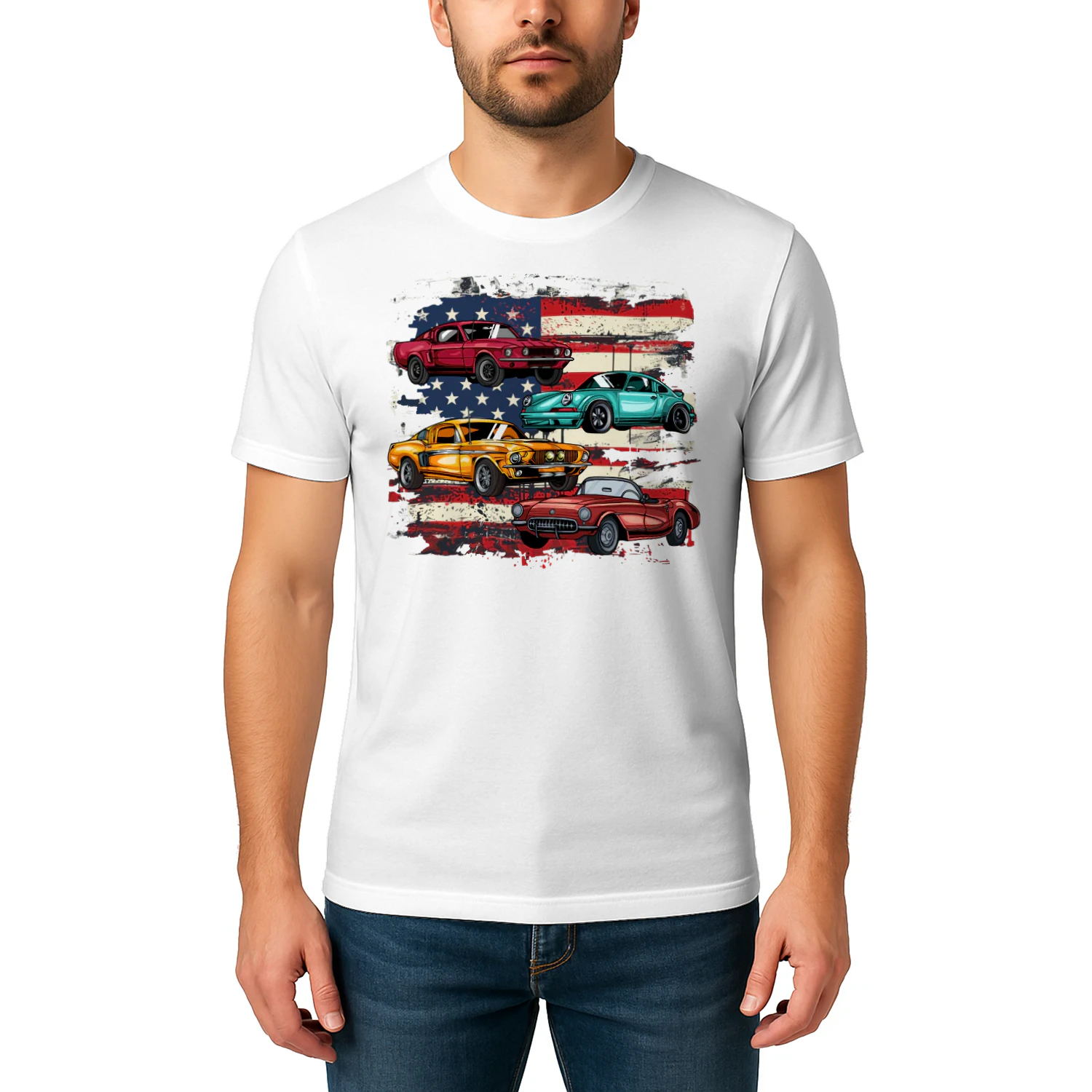Classic Muscle Car Retro American Flag Patriotic Vintage Hot Rod T Shirt HRD0072