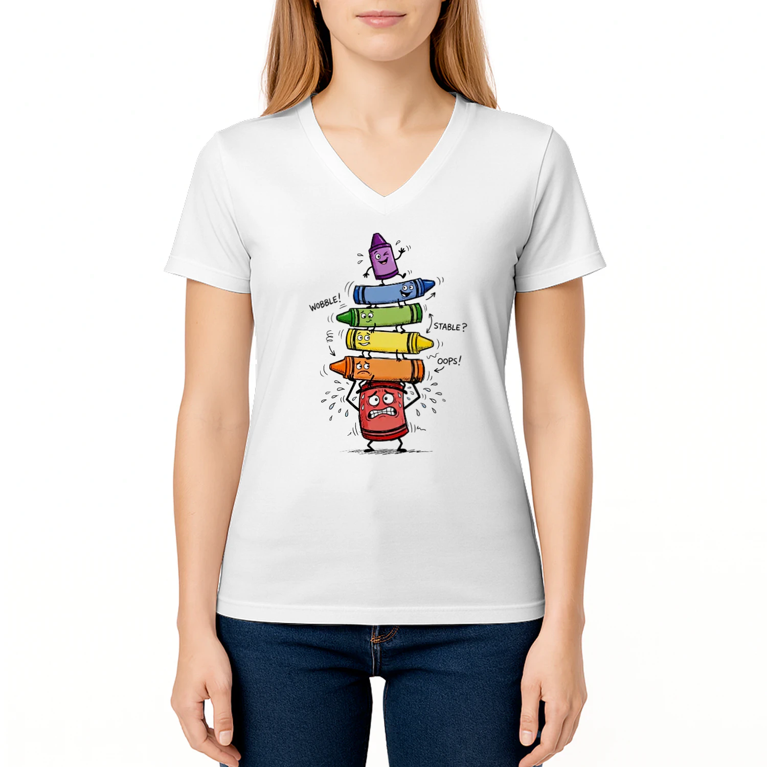 Design sans titre (26)Funny Wobbly Crayon TowerWomen's Organic V-Neck Tee, Cute Rainbow Crayon Stack Cartoon Tee, Colorful School Gift Shirt – Shop Today! 🖍️😅