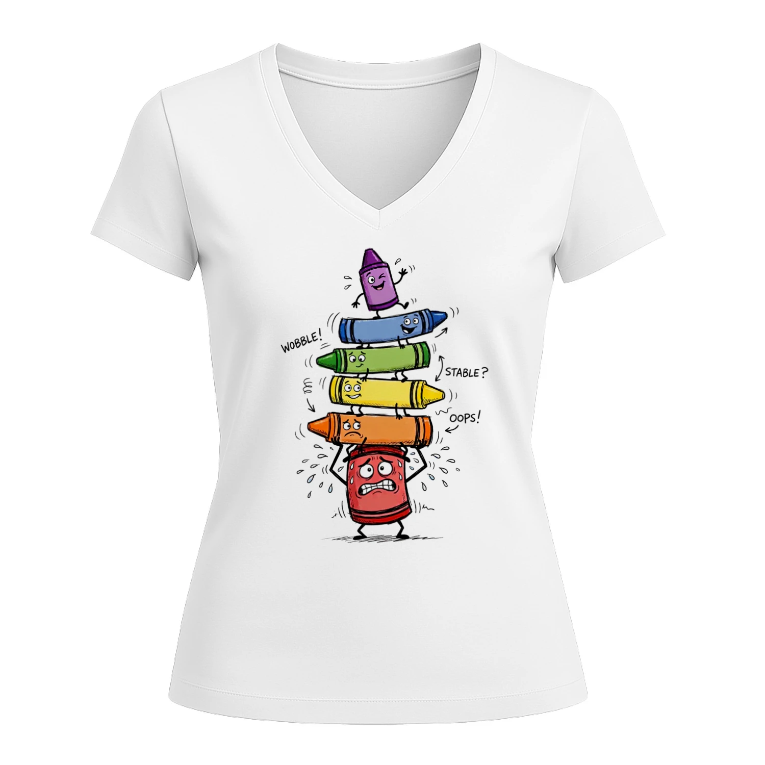 Design sans titre (26)Funny Wobbly Crayon TowerWomen's Organic V-Neck Tee, Cute Rainbow Crayon Stack Cartoon Tee, Colorful School Gift Shirt – Shop Today! 🖍️😅