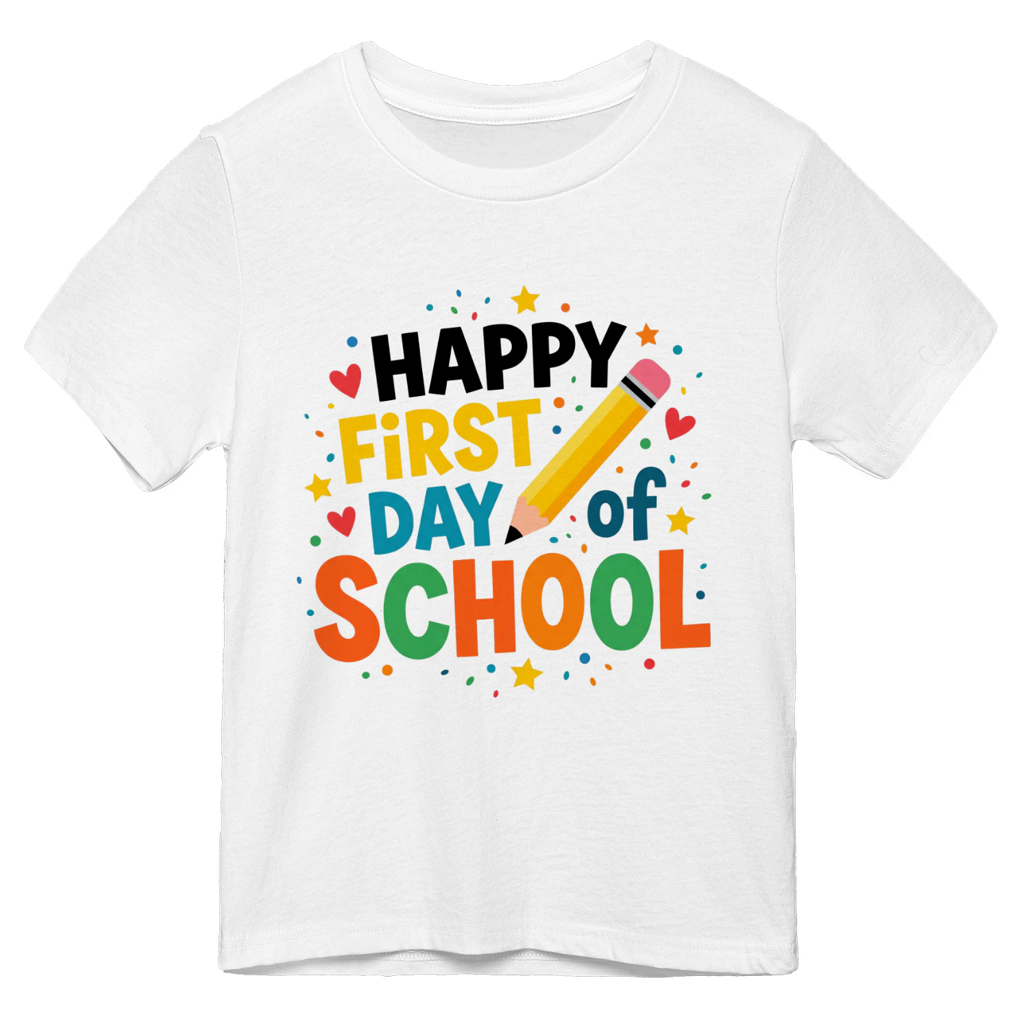 Design sans titre (14)Happy First Day of School T-Shirt for Girls, Colorful Rainbow Kids Tee with Pencil Design, Cute Back to School Gift Shirt – Shop Today! 🌈✏️