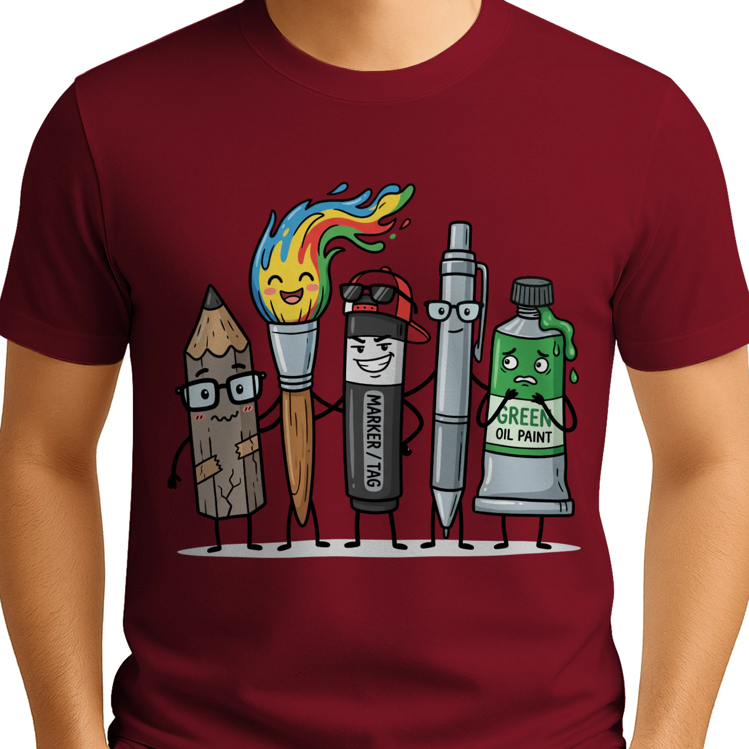 Funny Art Supply Squad Classic Unisex T-shirt, Cute Pencil Paintbrush Marker Characters Tee for Artists & Art Teachers, Creative Gift Shirt – Shop Today! 🎨✏️