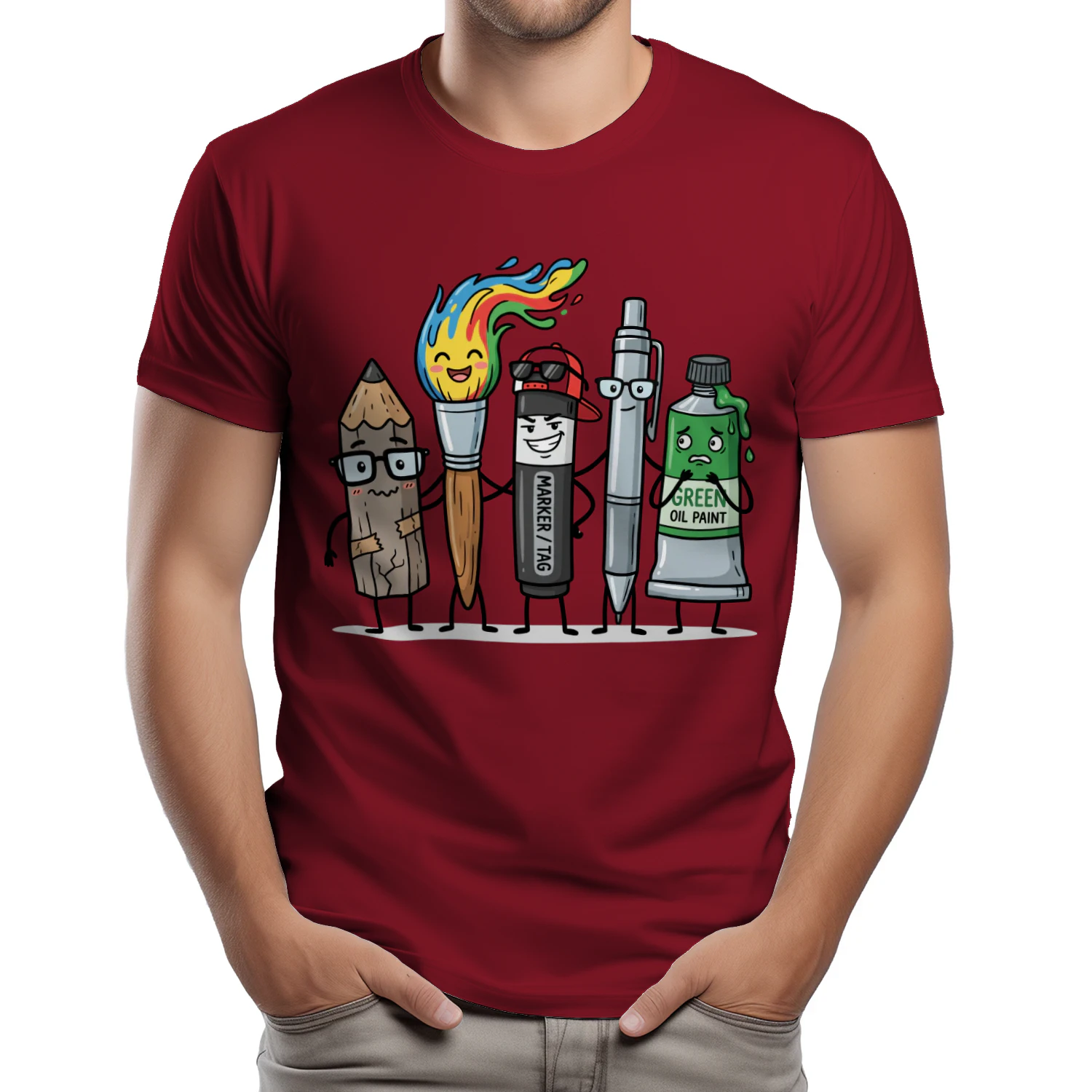Funny Art Supply Squad Classic Unisex T-shirt, Cute Pencil Paintbrush Marker Characters Tee for Artists & Art Teachers, Creative Gift Shirt – Shop Today! 🎨✏️