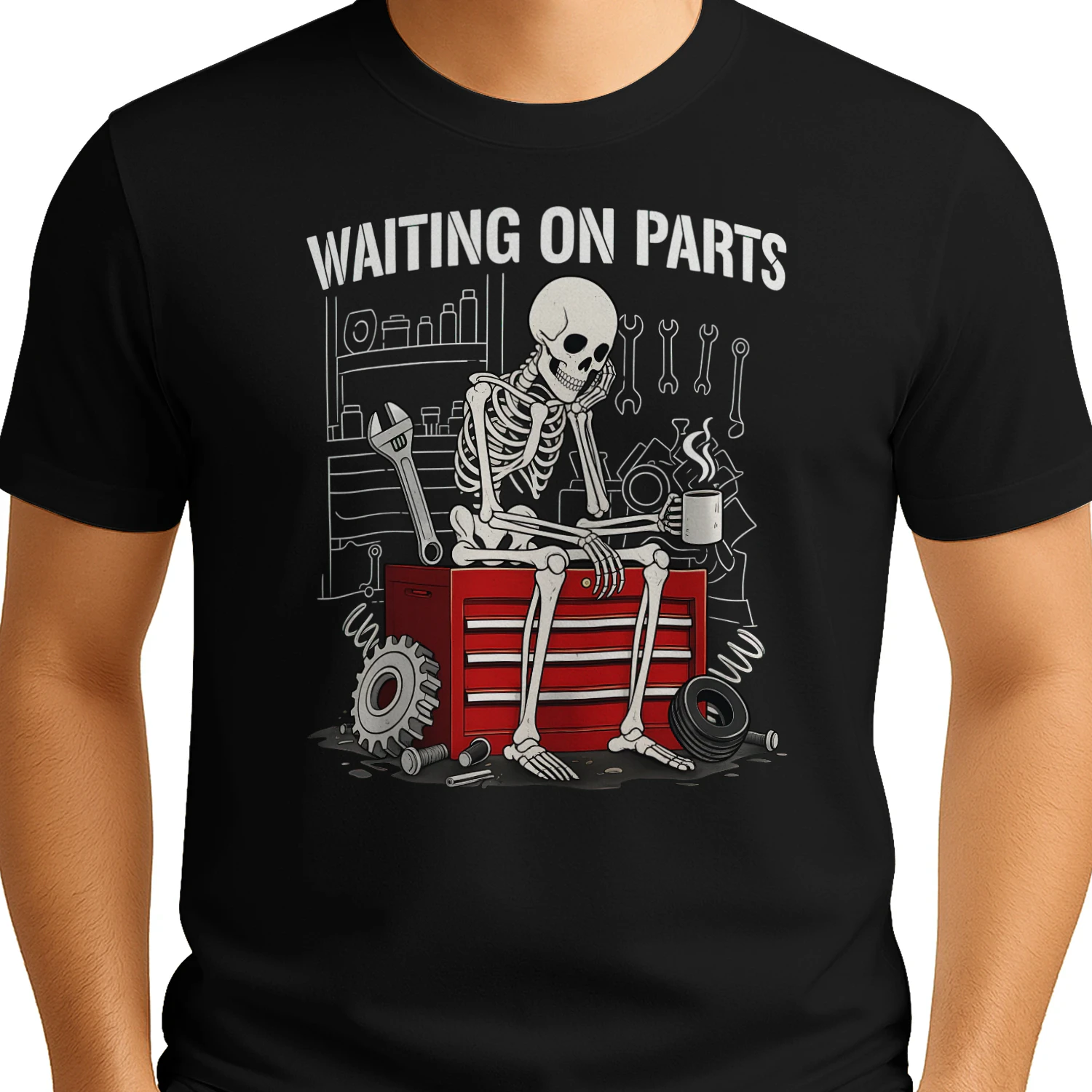 WAITING ON PARTS" Skeleton Mechanic T-Shirt – Funny Auto Repair Garage Graphic Tee