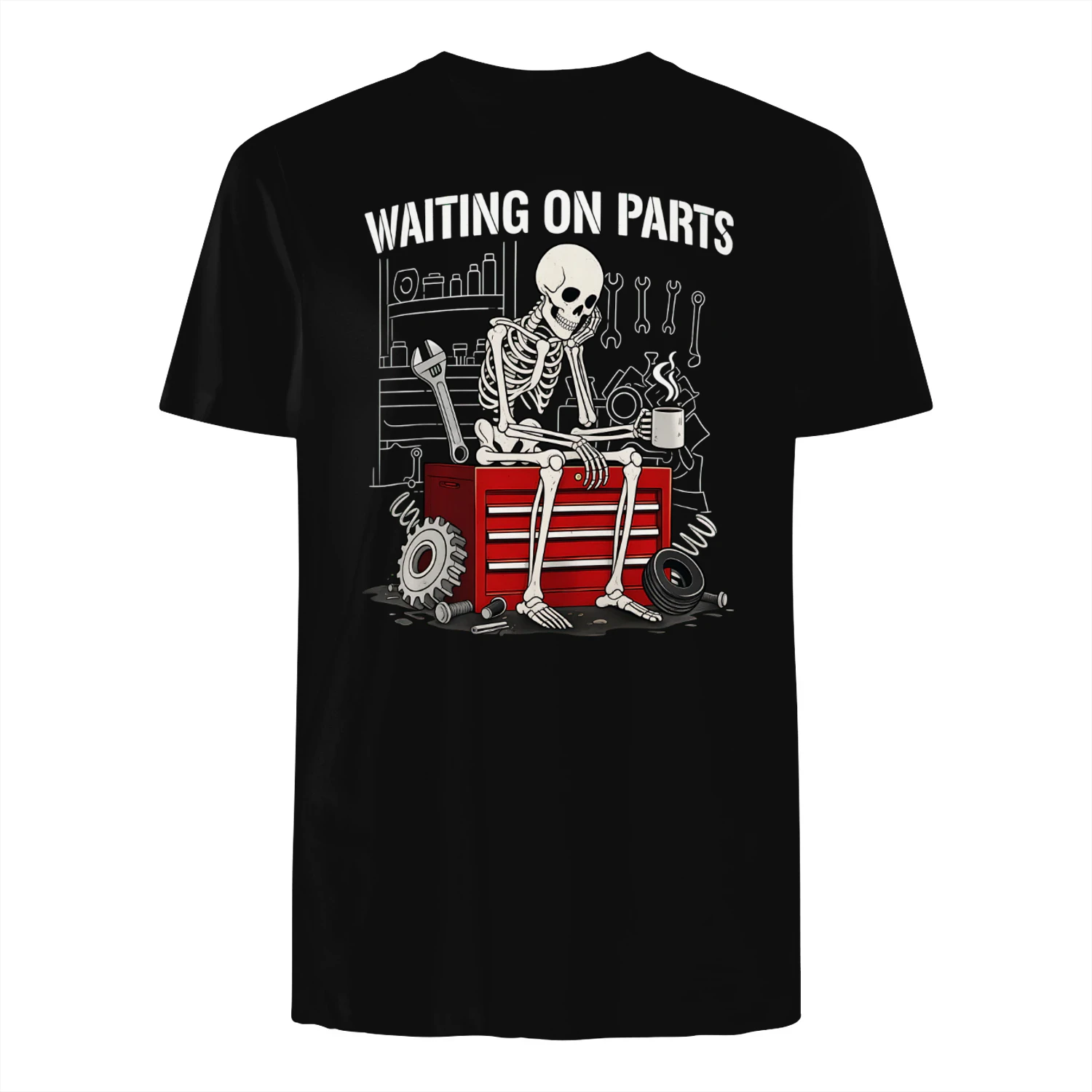 WAITING ON PARTS" Skeleton Mechanic T-Shirt – Funny Auto Repair Garage Graphic Tee