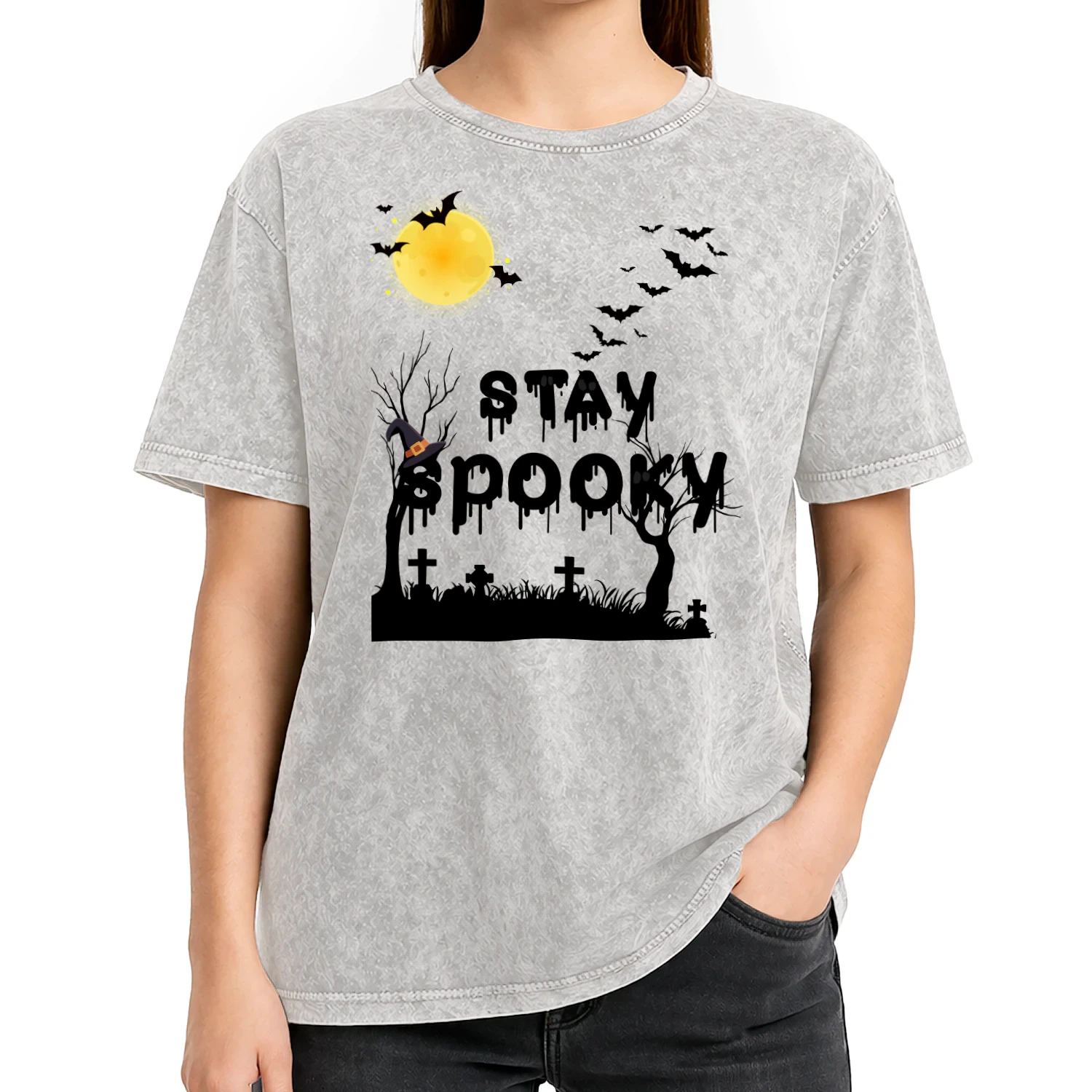 Spooky Season Halloween Acid Washed Crew Neck T-shirt