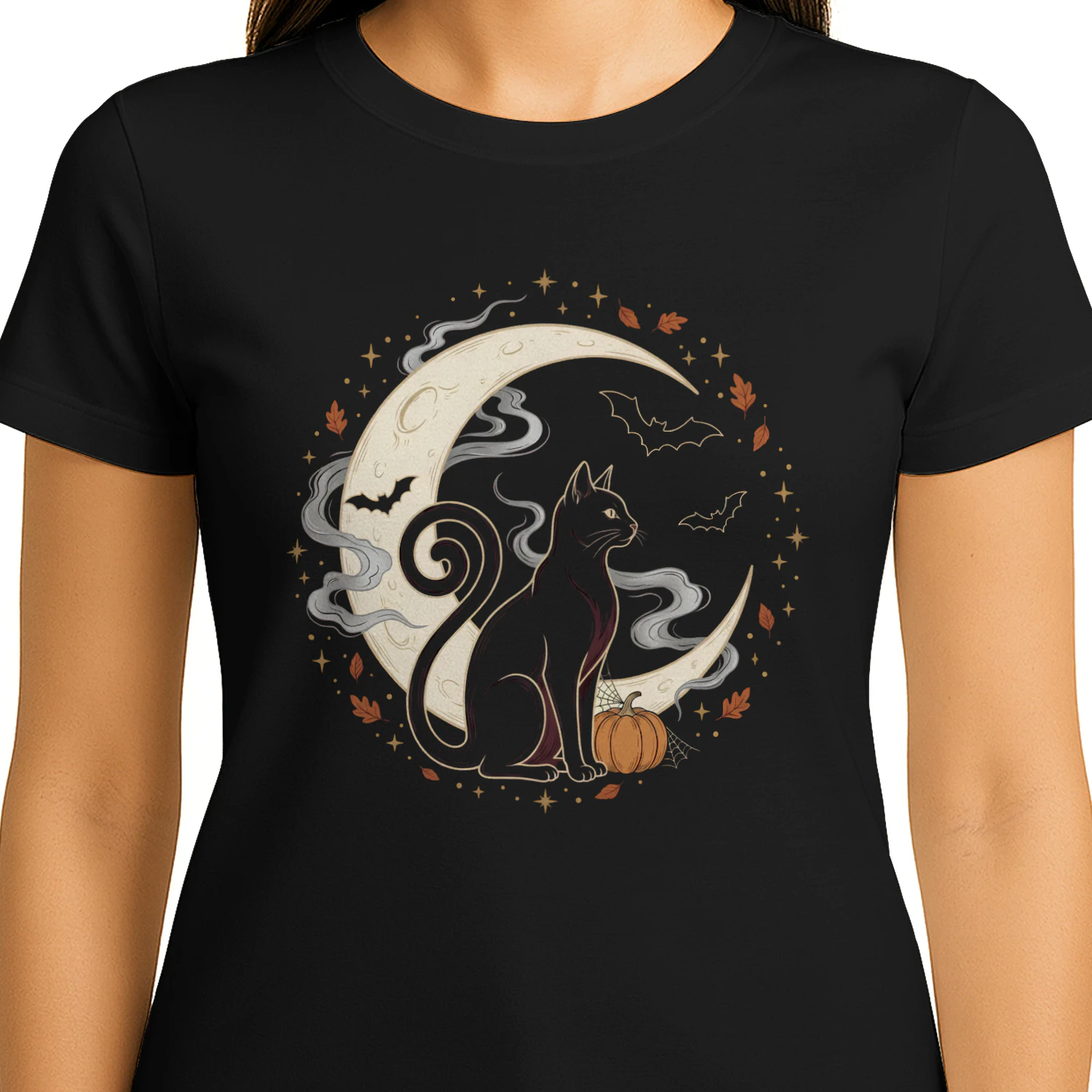 Black Cat Crescent Moon Halloween T-Shirt
