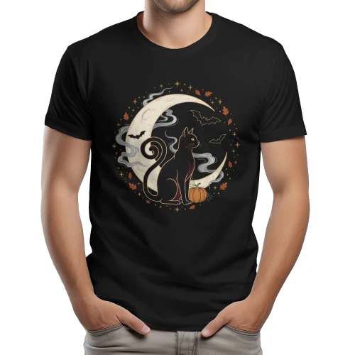 Black Cat Crescent Moon Halloween T-Shirt