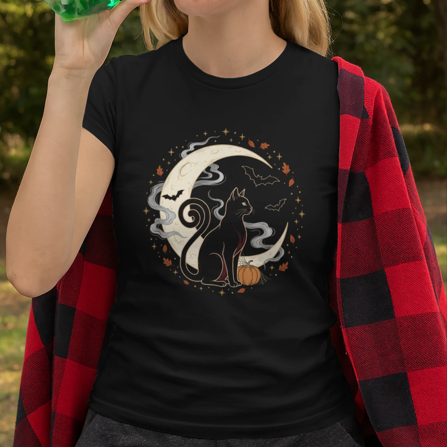 Black Cat Crescent Moon Halloween T-Shirt