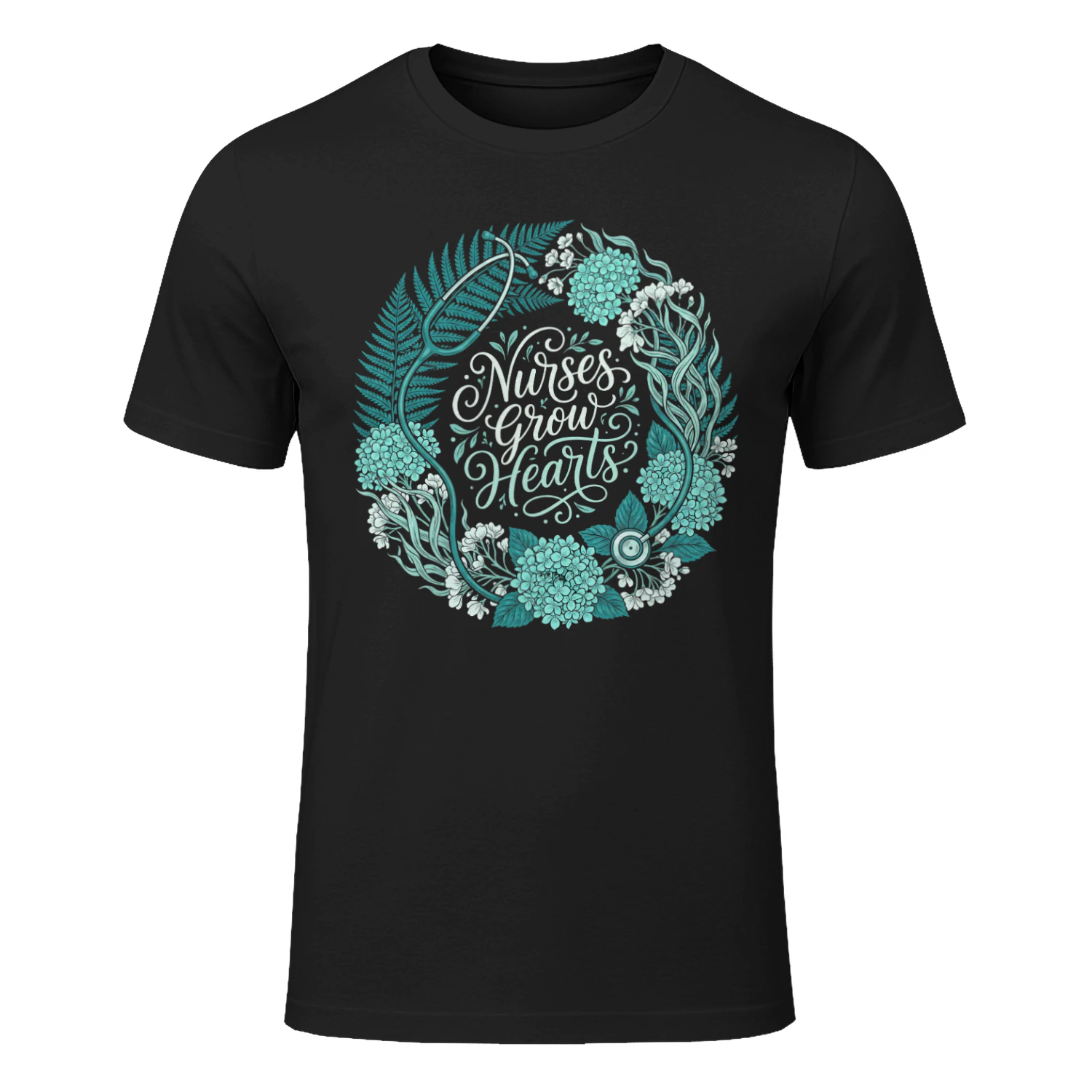 Teal Nurses Grow Hearts Botanical Wreath Healthcare Worker Graphic