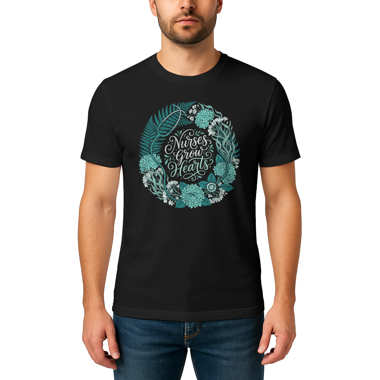 Teal Nurses Grow Hearts Botanical Wreath Healthcare Worker Graphic