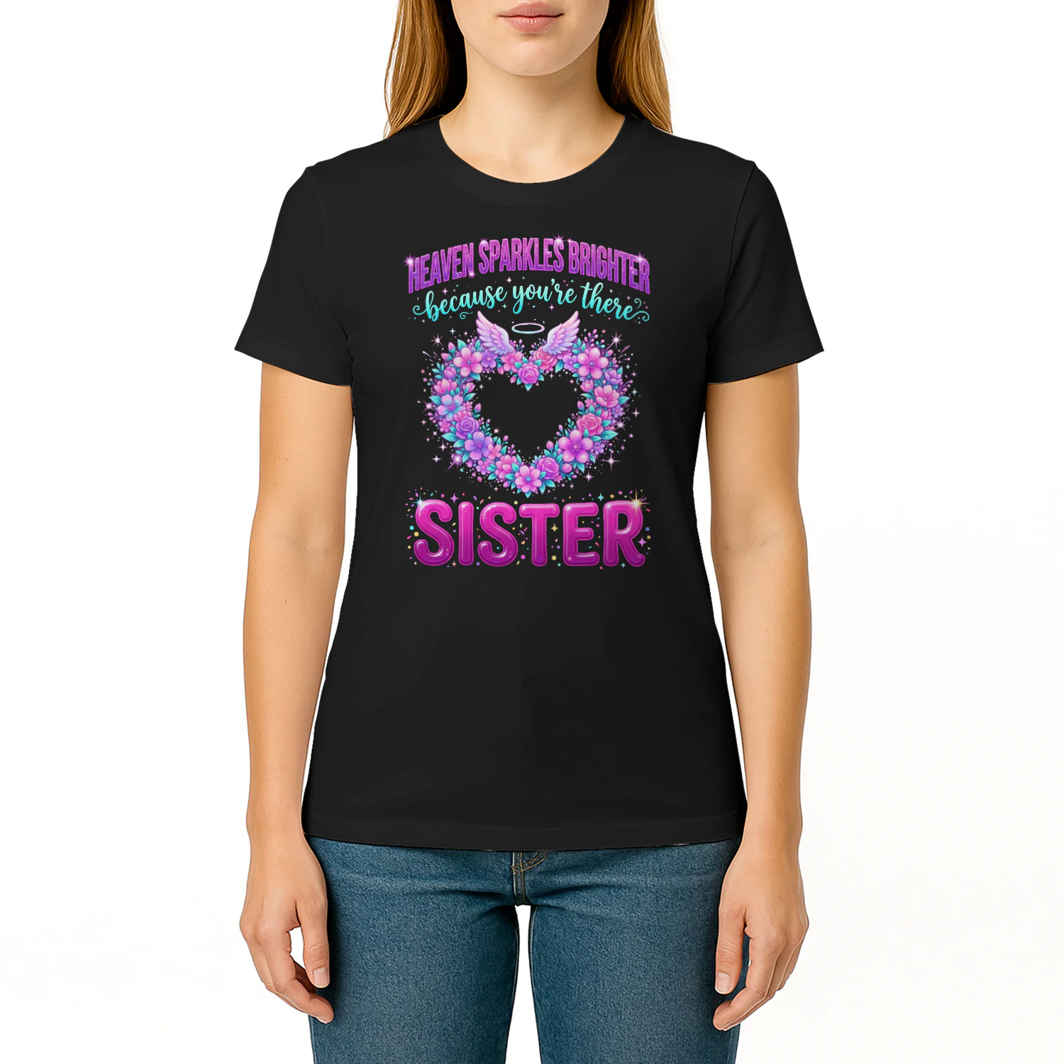 Beautiful Heaven Sparkles Brighter Sister Memorial Angel Wings Design