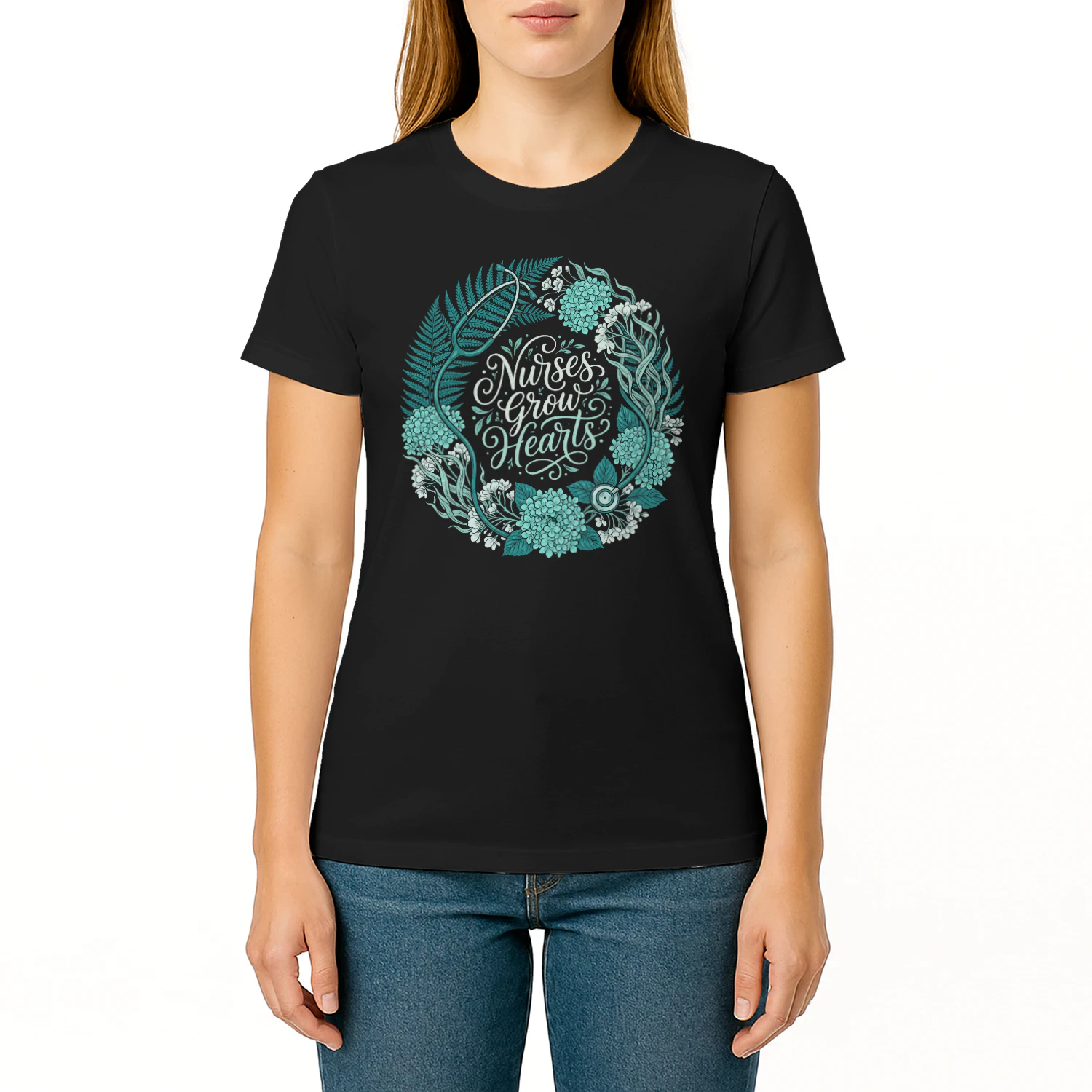 Teal Nurses Grow Hearts Botanical Wreath Healthcare Worker Graphic
