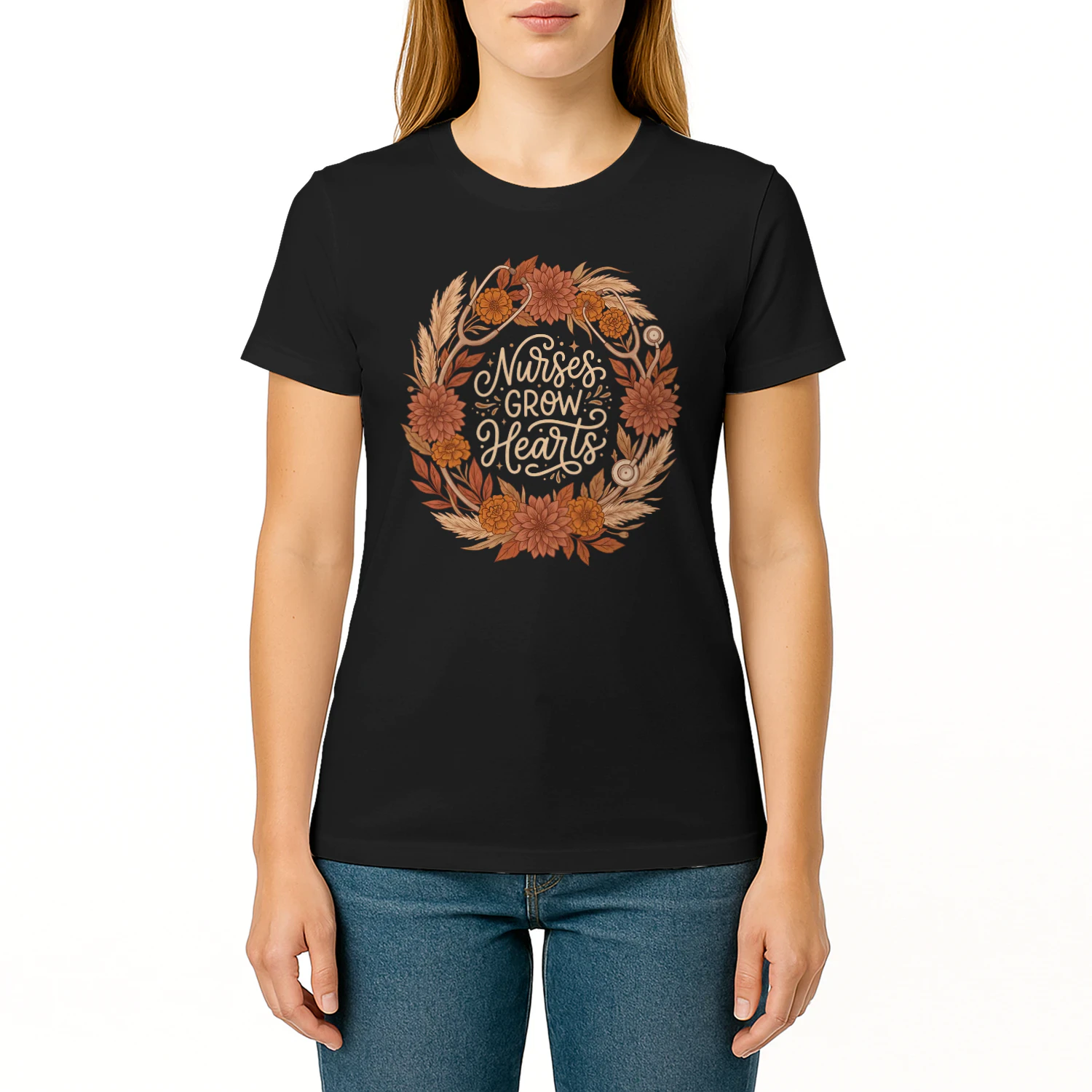 Beautiful Nurses Grow Hearts Autumn Floral Wreath Appreciation Graphic