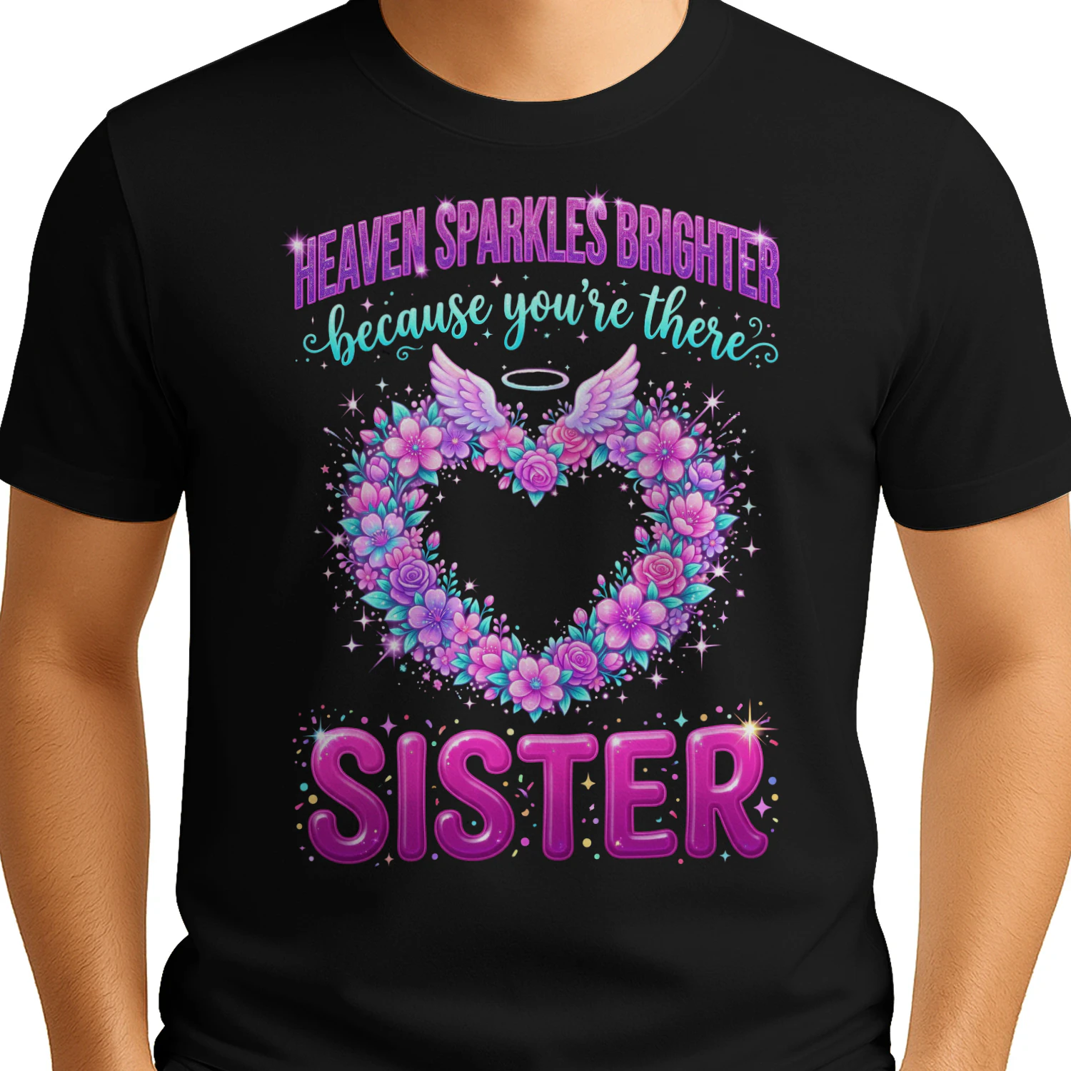Beautiful Heaven Sparkles Brighter Sister Memorial Angel Wings Design