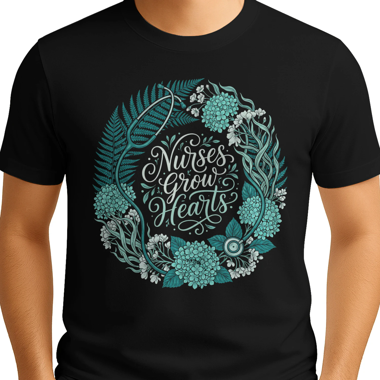 Teal Nurses Grow Hearts Botanical Wreath Healthcare Worker Graphic
