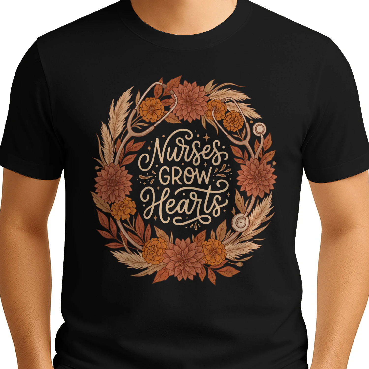 Beautiful Nurses Grow Hearts Autumn Floral Wreath Appreciation Graphic