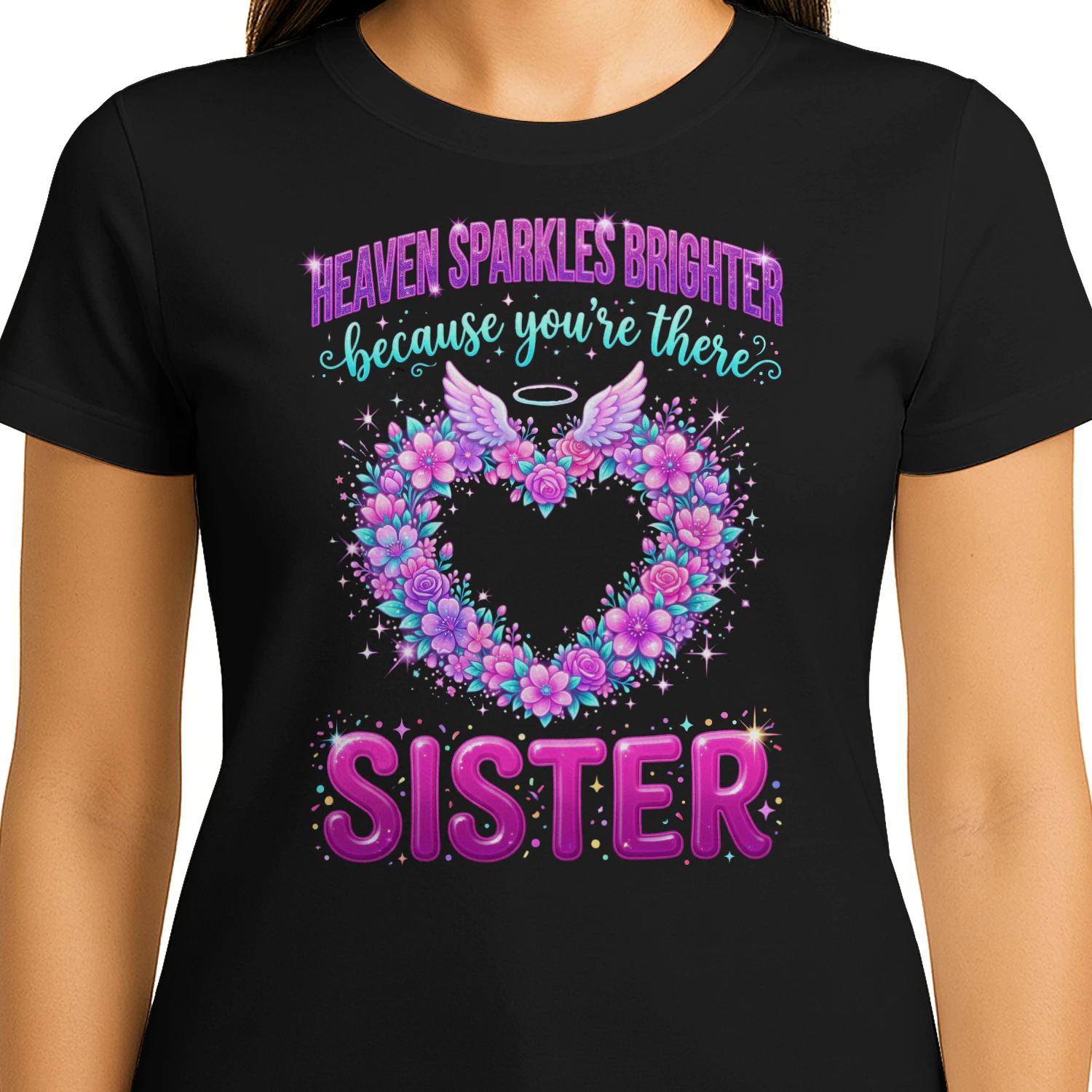 Beautiful Heaven Sparkles Brighter Sister Memorial Angel Wings Design