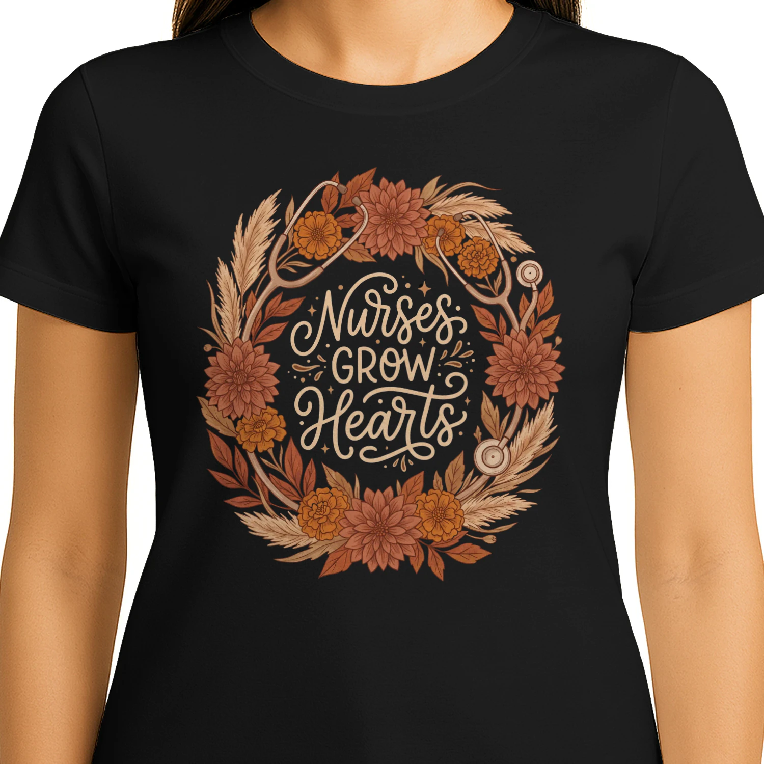 Beautiful Nurses Grow Hearts Autumn Floral Wreath Appreciation Graphic