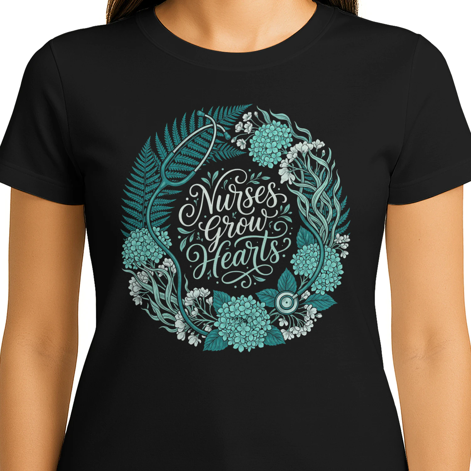 Teal Nurses Grow Hearts Botanical Wreath Healthcare Worker Graphic
