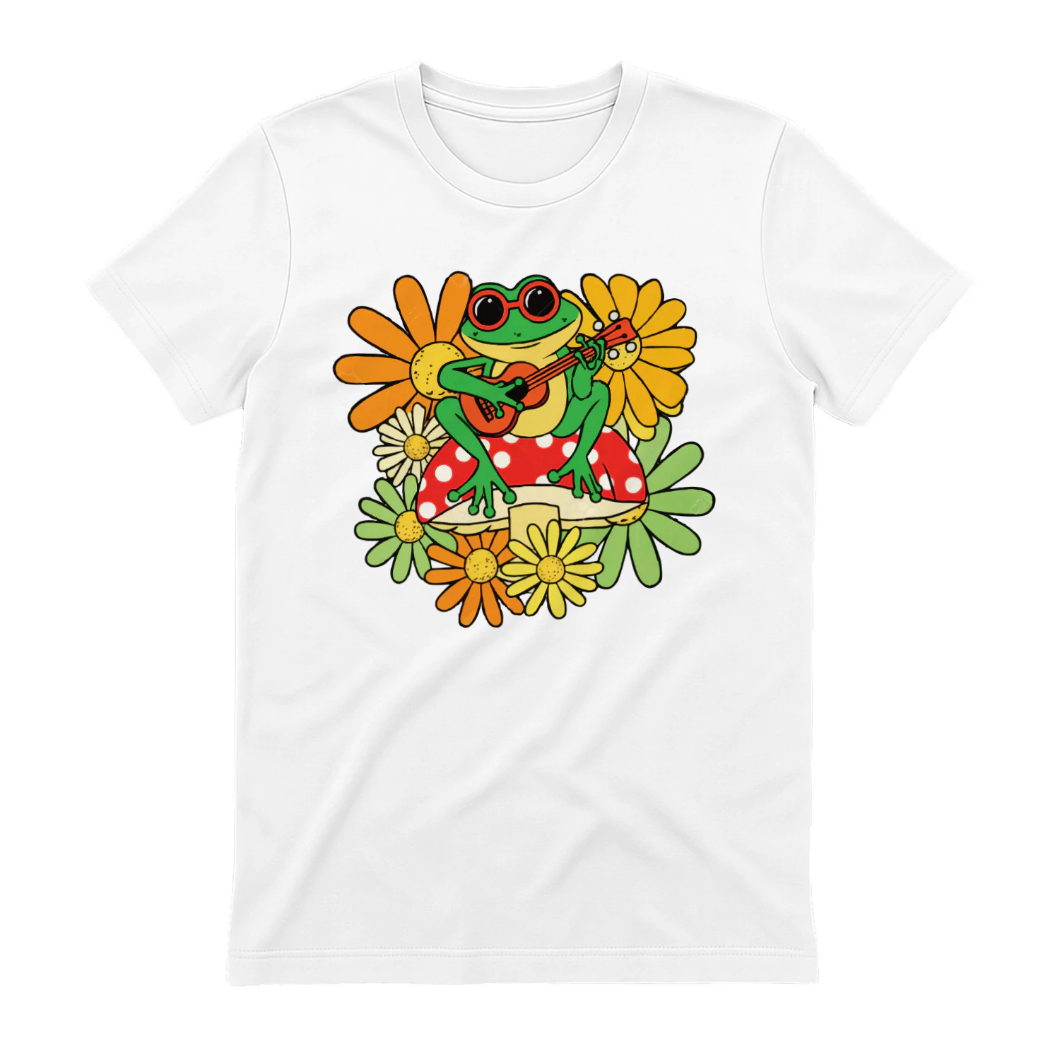 Close-up of groovy frog t-shirt design highlighting 70s retro shirts color palette and vintage typography