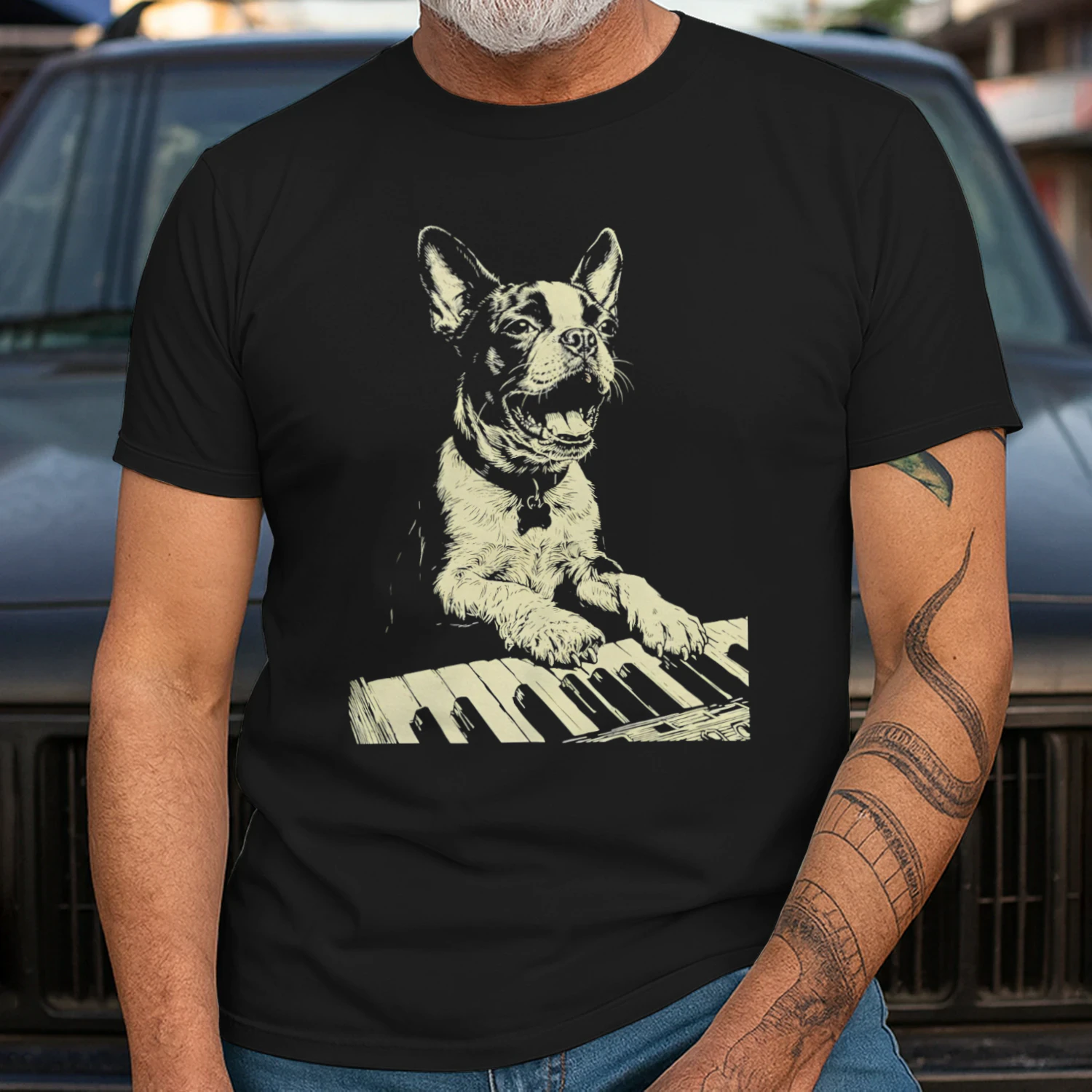 Boston Terrier Playing Piano
