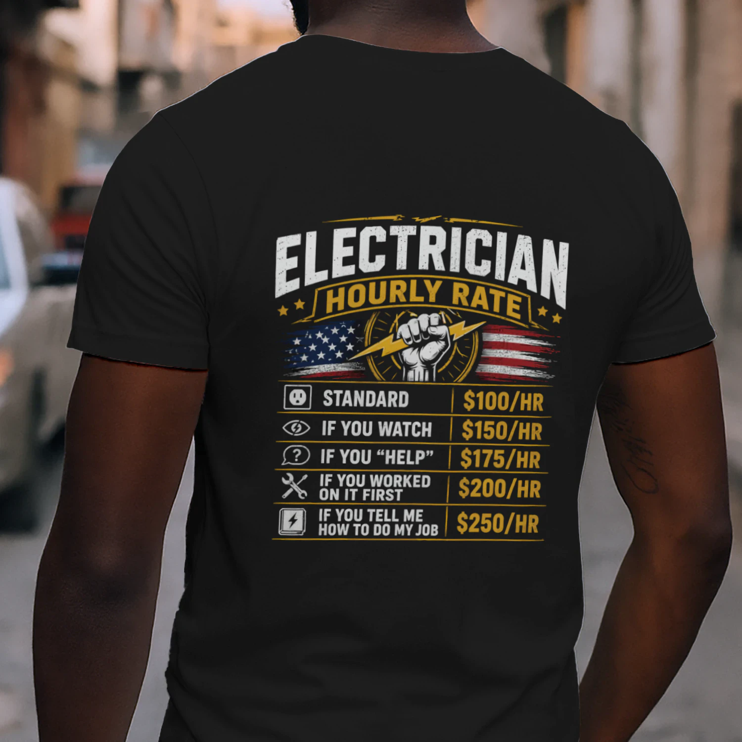 Classic Men's T-shirt: Electrician Hourly Rate – Funny Electrician Work Shirt