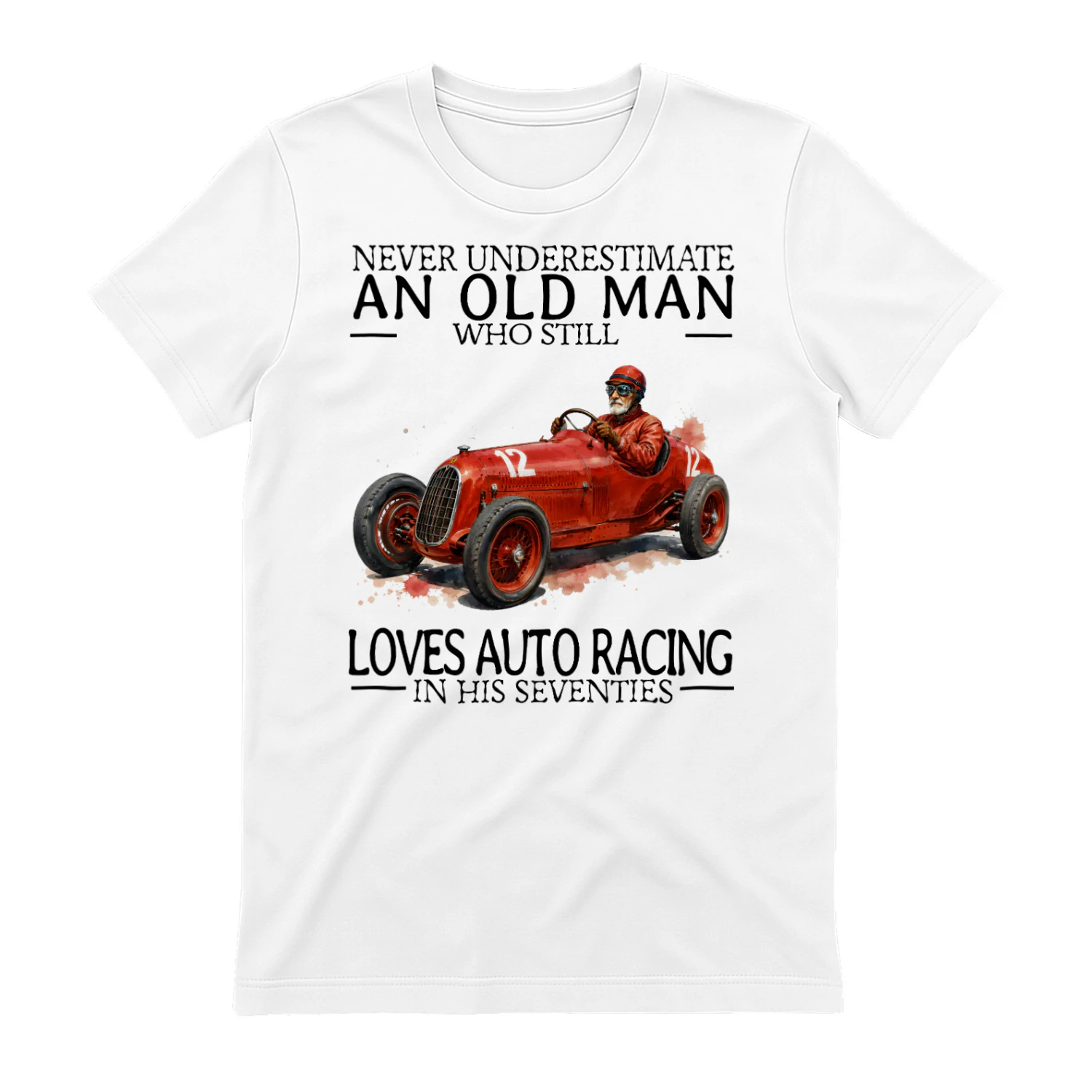 LOVES AUTO RACING IN HIS SEVENTIES