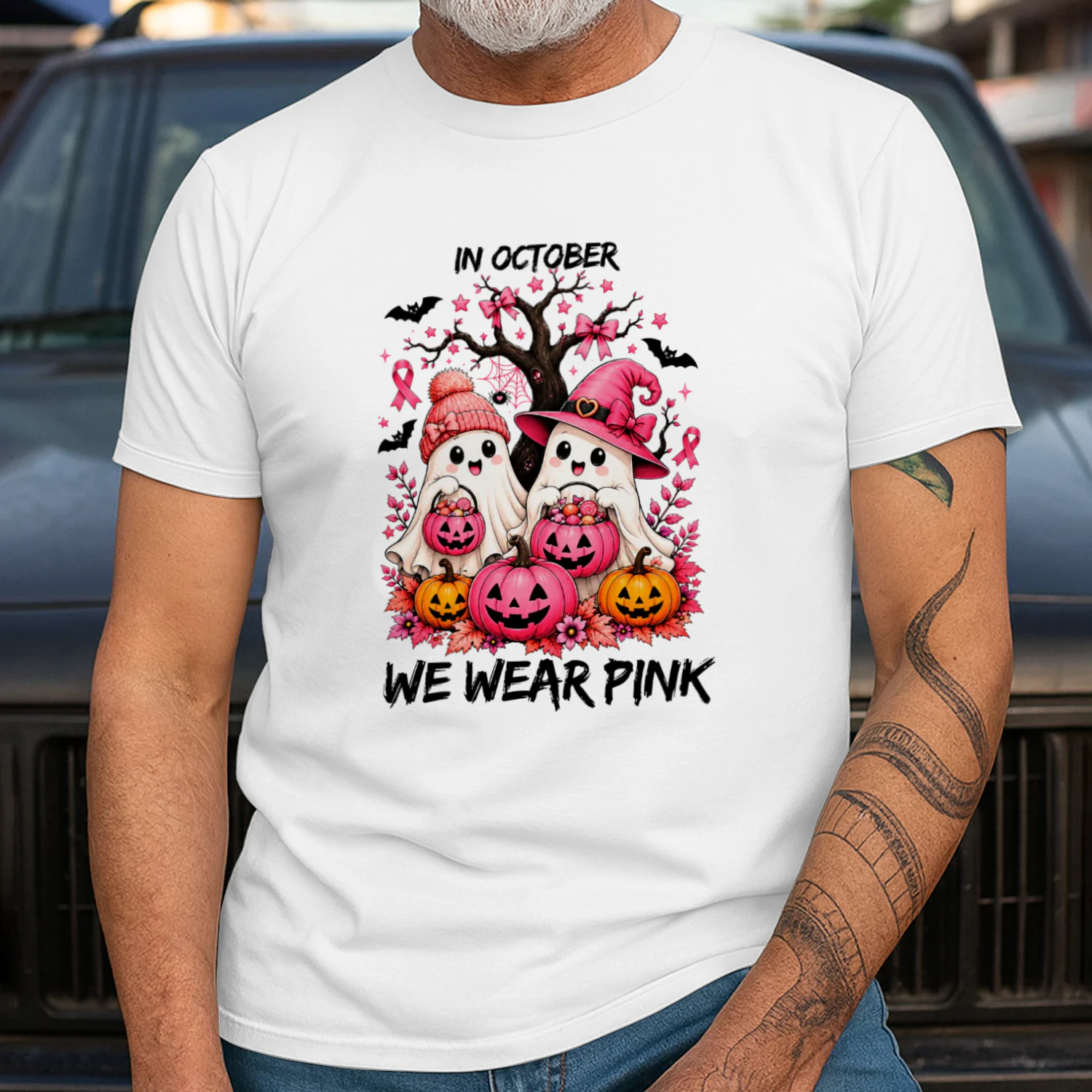 In October We Wear Pink Ghost Halloween Bow Breast Cancer