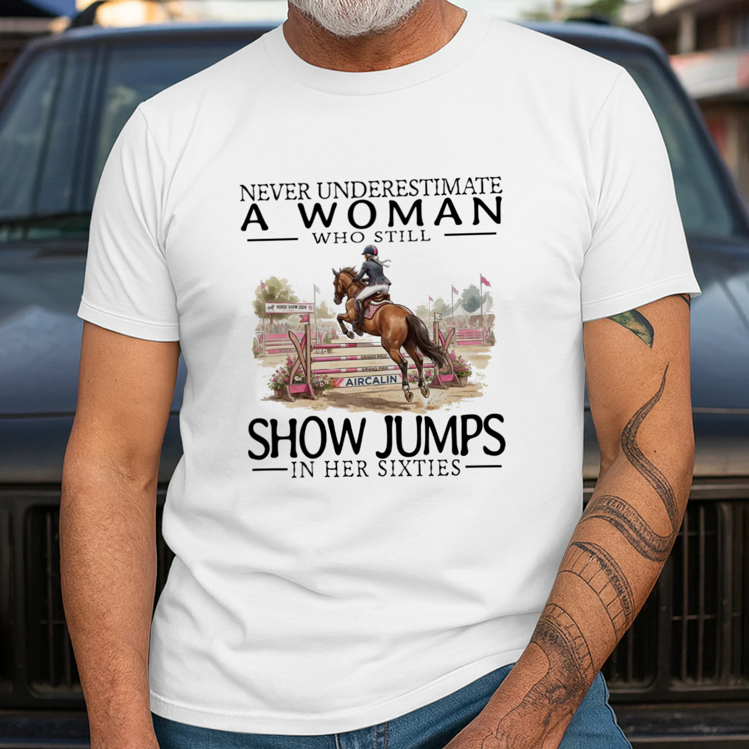 NEVER UNDERESTIMATE A WOMA WHO STILL SHOW JUMPS IN HER SIXTIES
