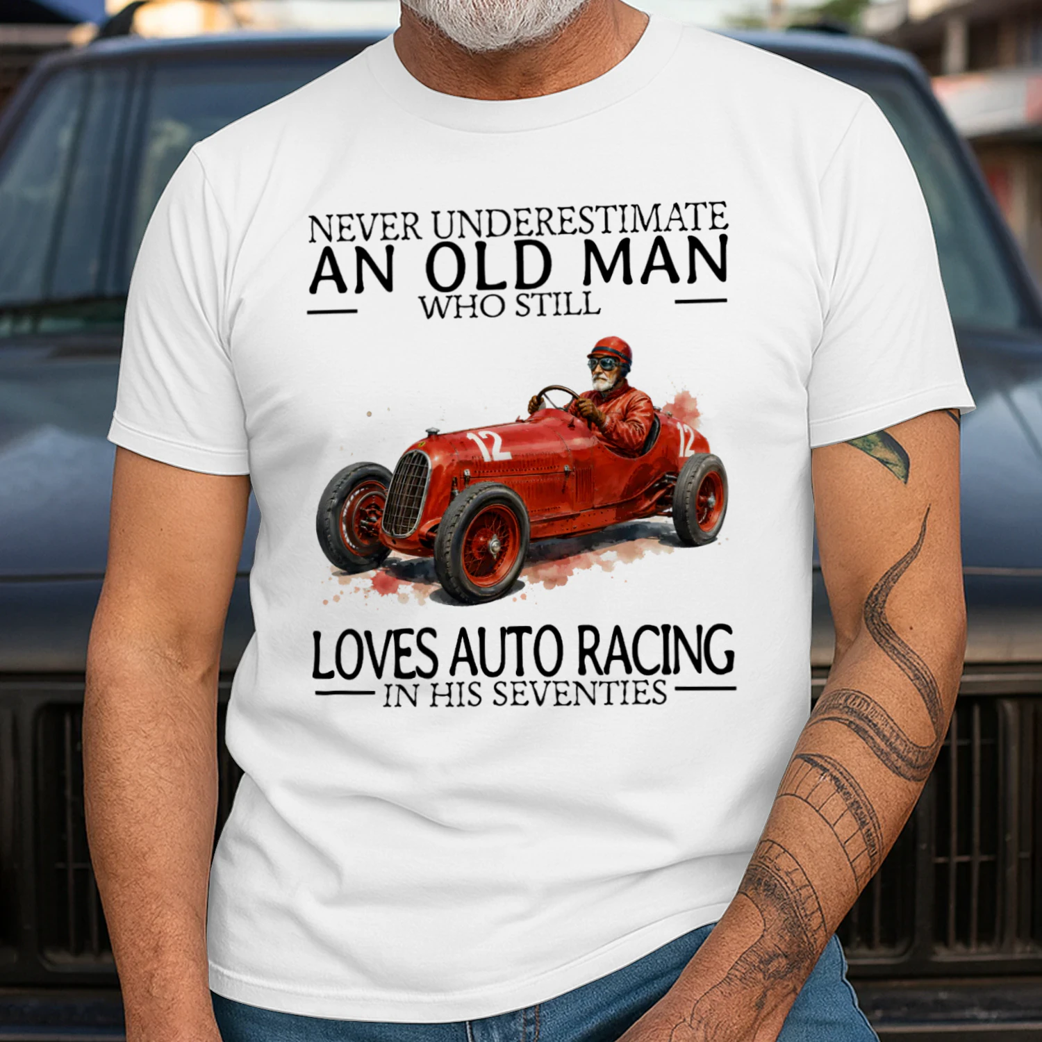 LOVES AUTO RACING IN HIS SEVENTIES