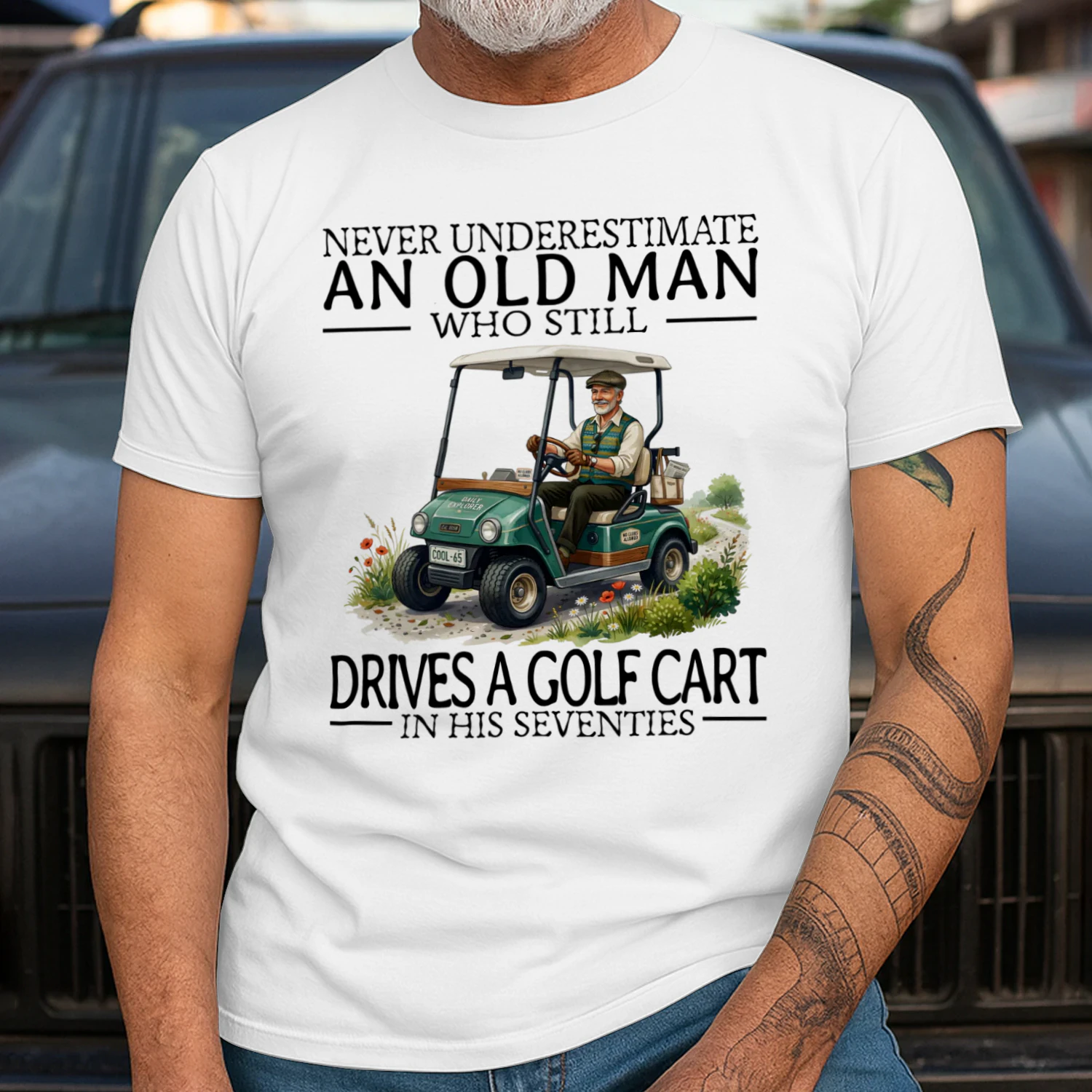 DRIVES A GOLF CART IN HIS SEVENTIES