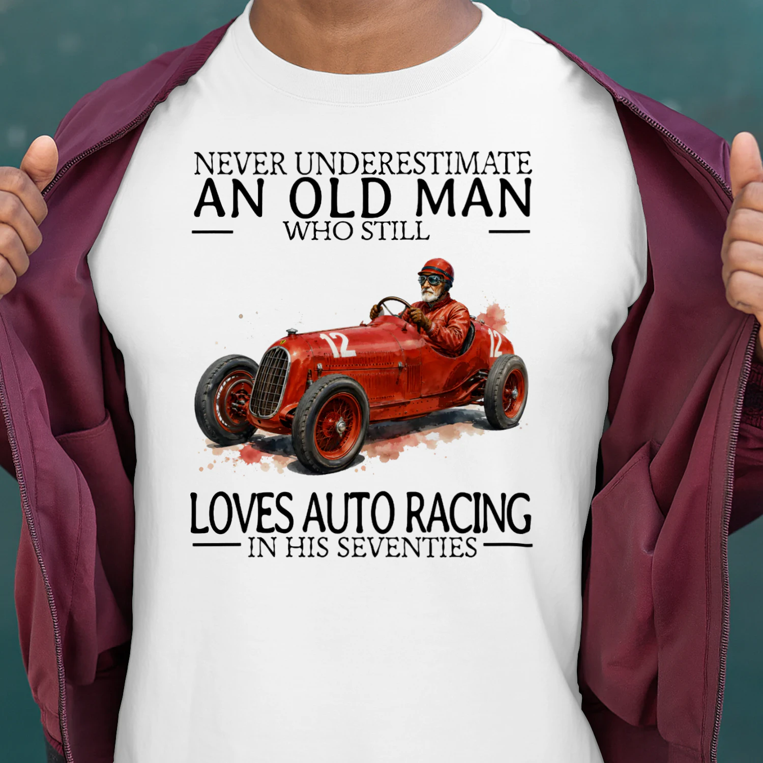 LOVES AUTO RACING IN HIS SEVENTIES