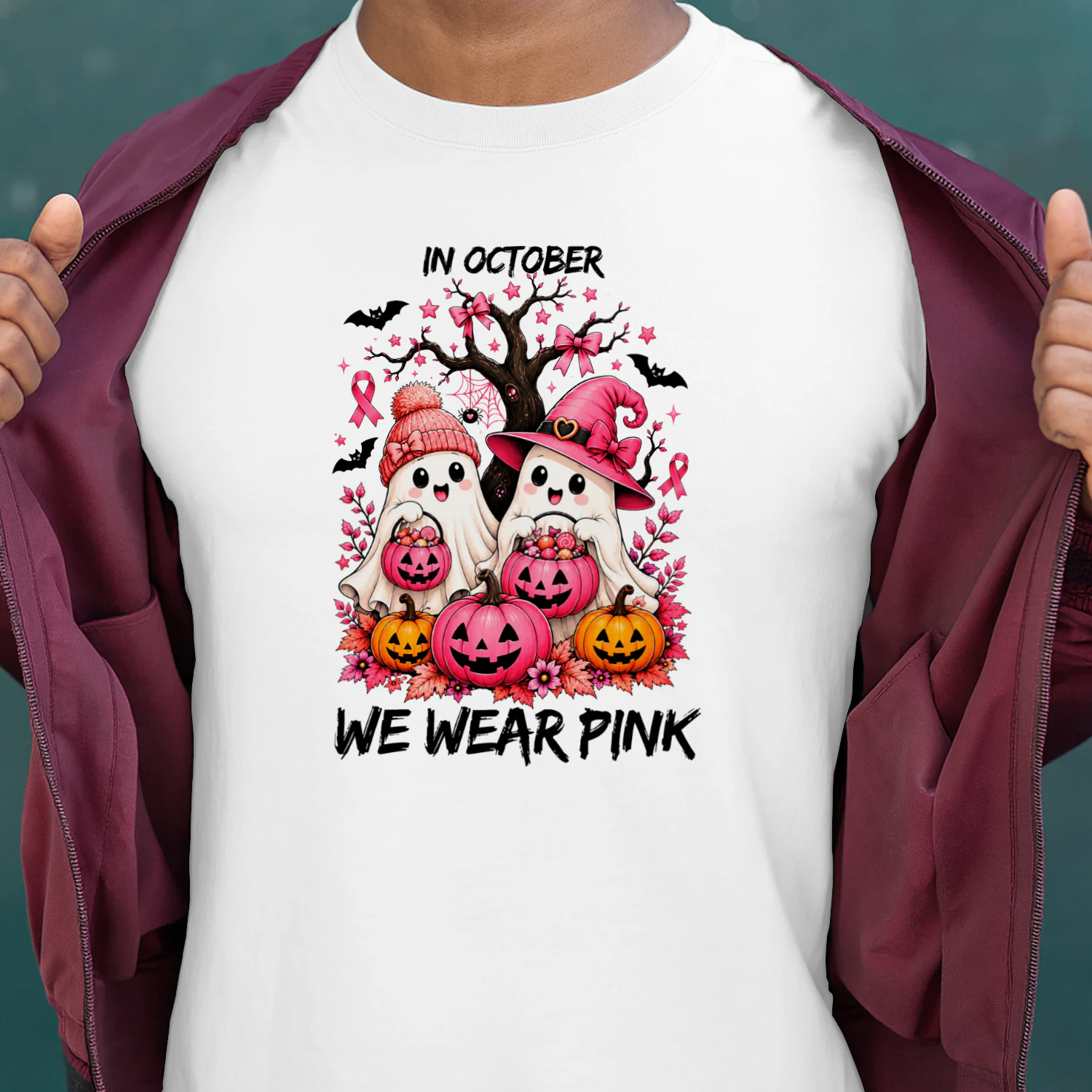 In October We Wear Pink Ghost Halloween Bow Breast Cancer