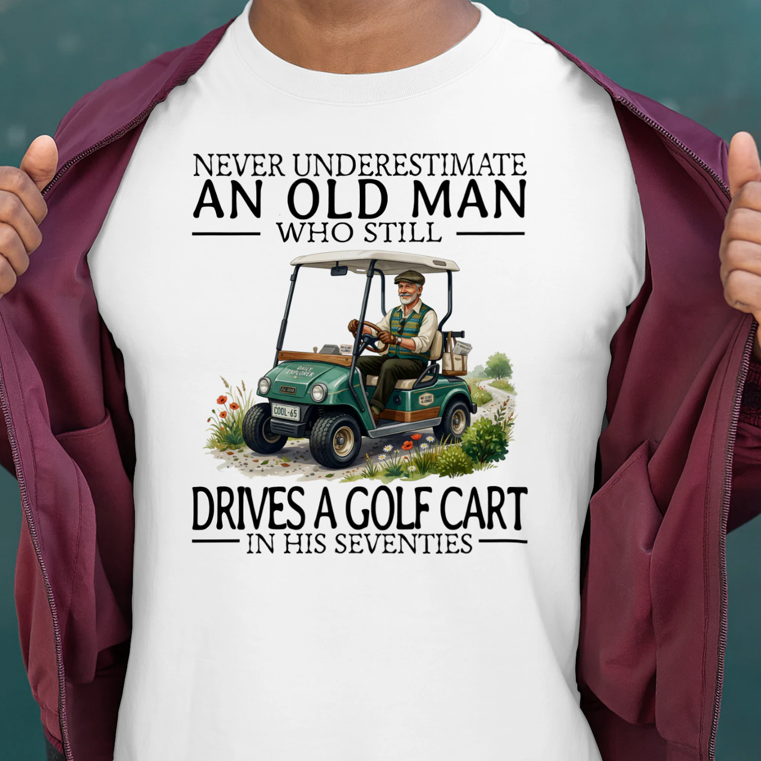 DRIVES A GOLF CART IN HIS SEVENTIES