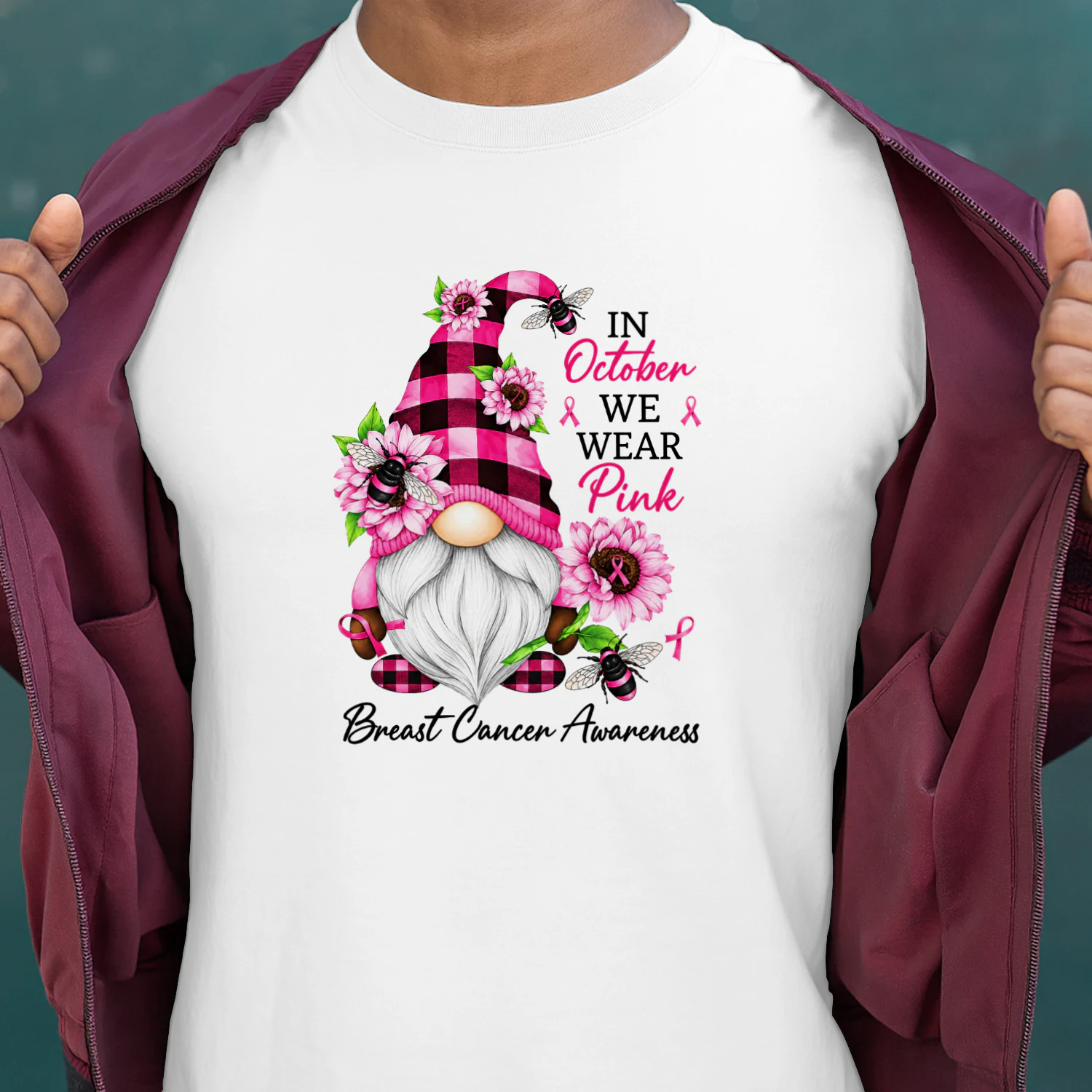 In October We Wear Pink Gnome Breast Cancer Awareness