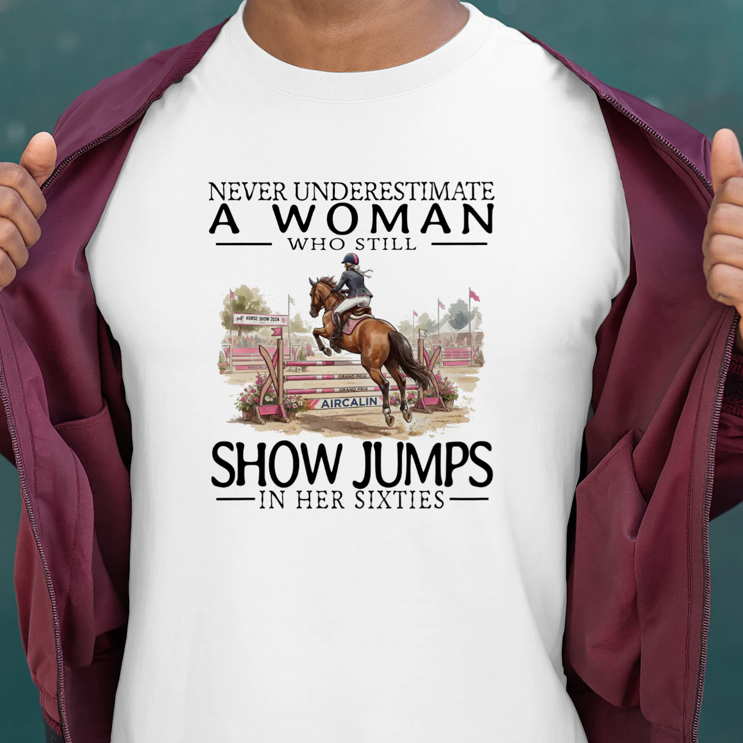 NEVER UNDERESTIMATE A WOMA WHO STILL SHOW JUMPS IN HER SIXTIES