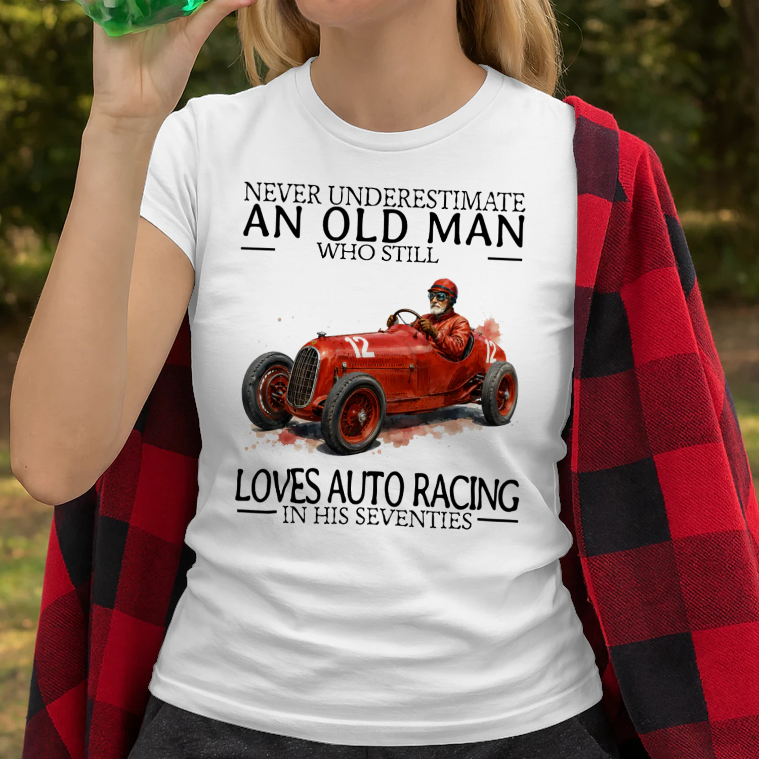 LOVES AUTO RACING IN HIS SEVENTIES