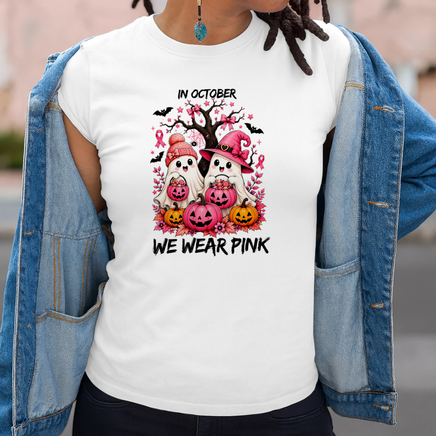 In October We Wear Pink Ghost Halloween Bow Breast Cancer