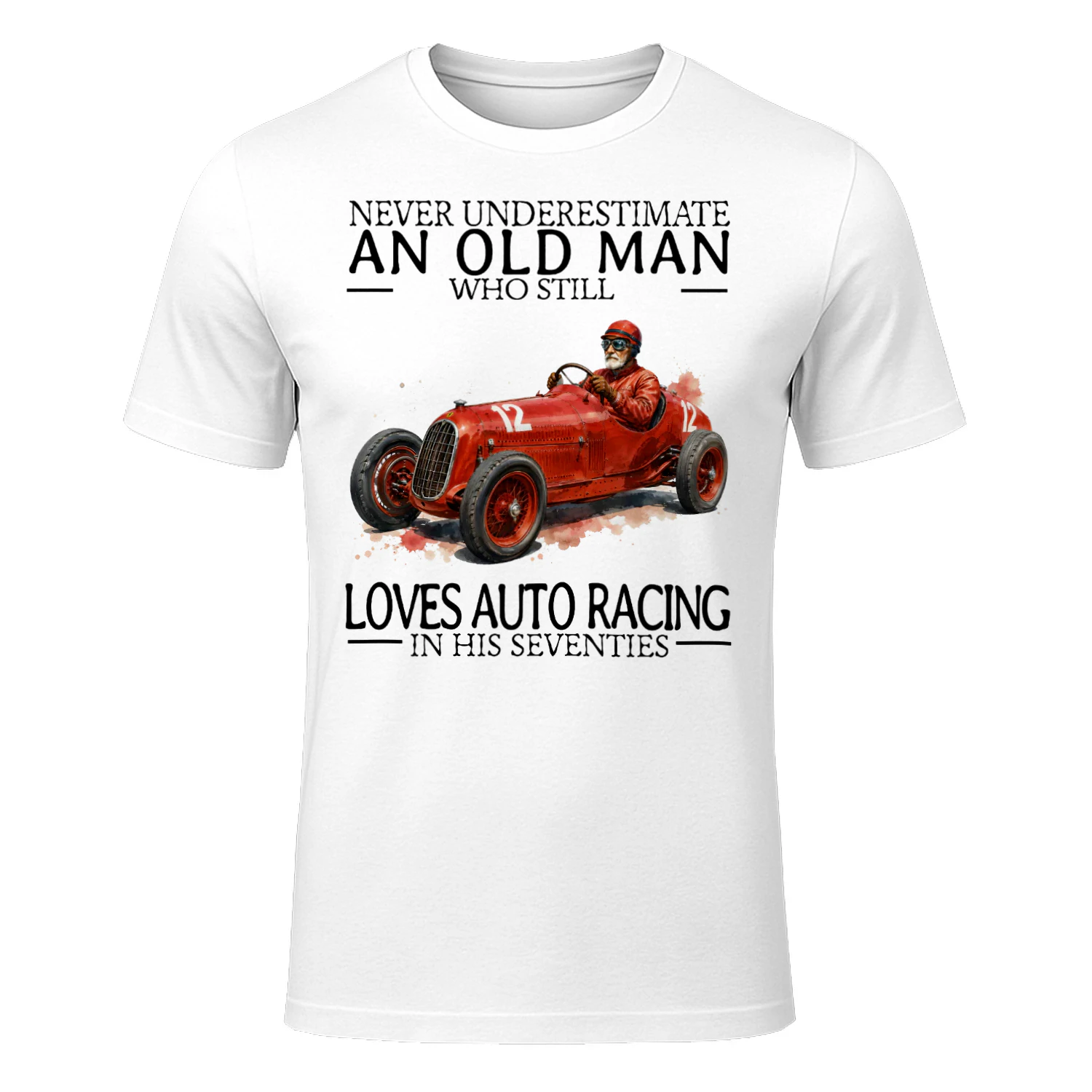 LOVES AUTO RACING IN HIS SEVENTIES