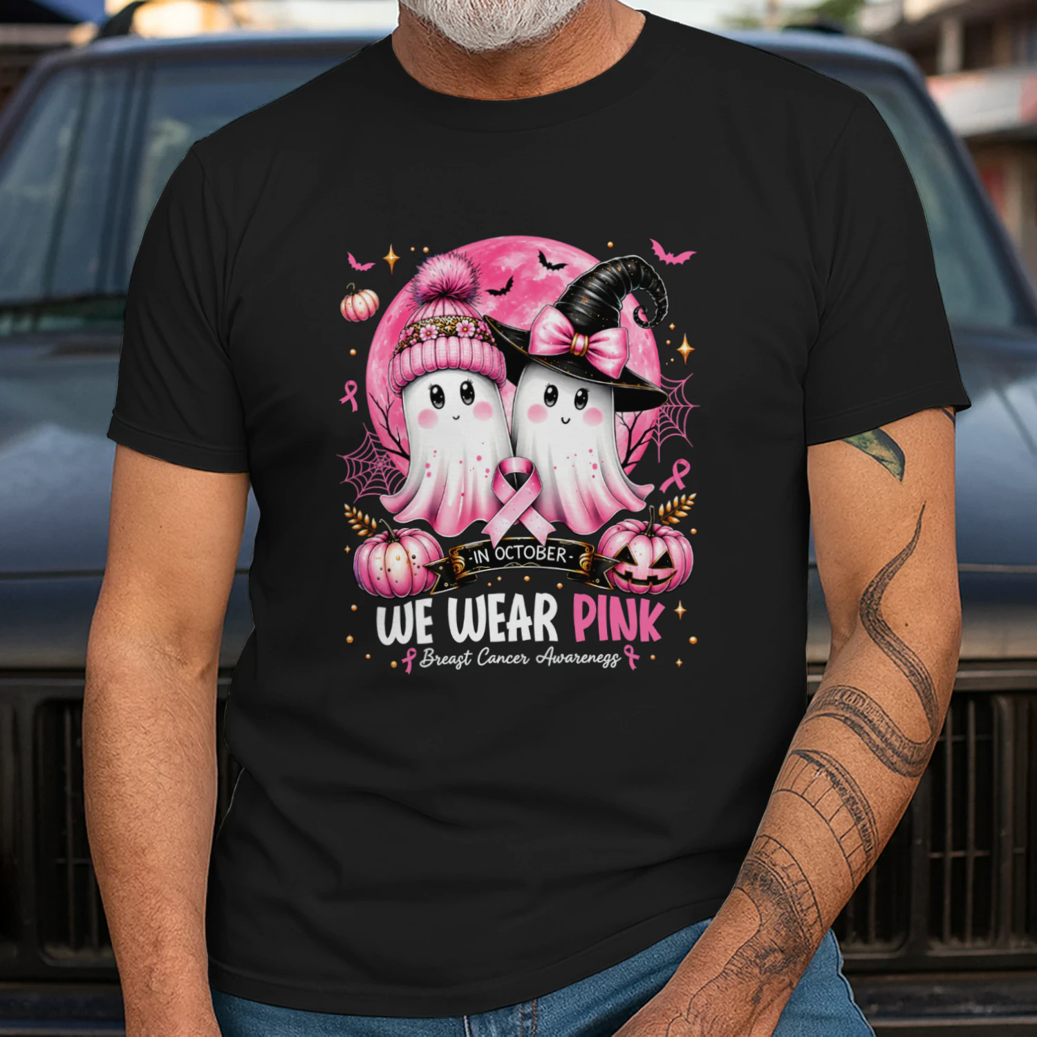 In October We Wear Pink Ghost Witch Breast Cancer Awareness
