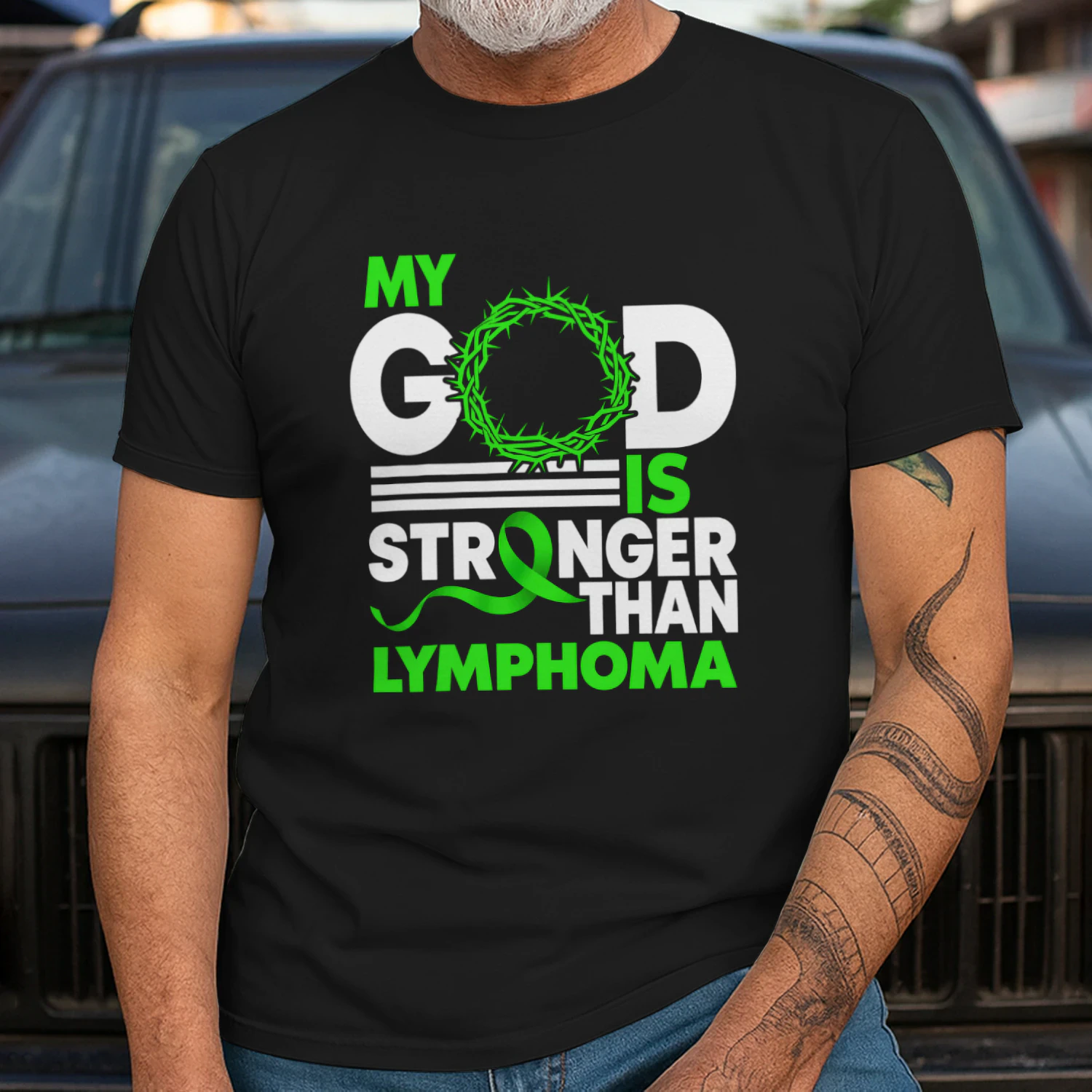 My God Is Stronger Than Lymphoma Awareness Ribbon