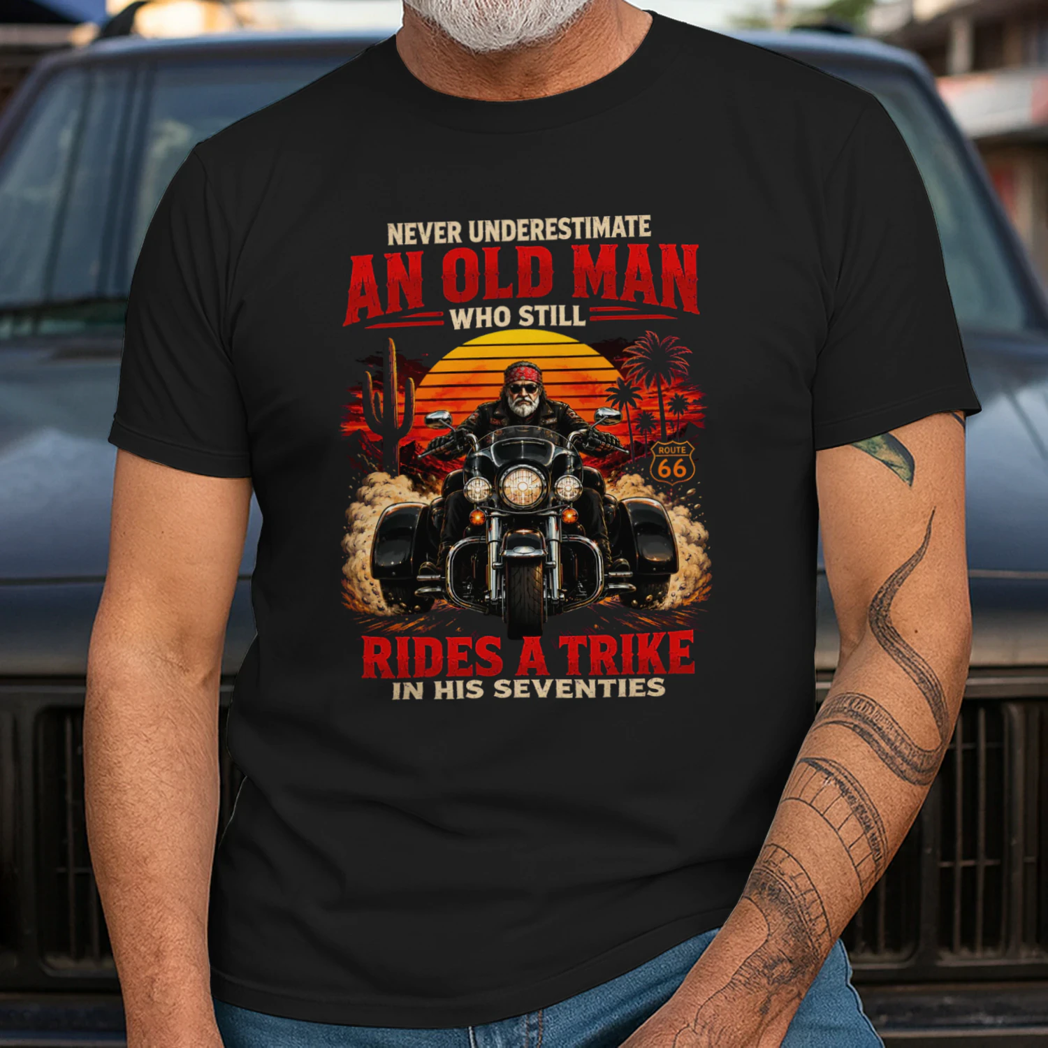 Never underestimate an old man who still rides a trike in his seventies