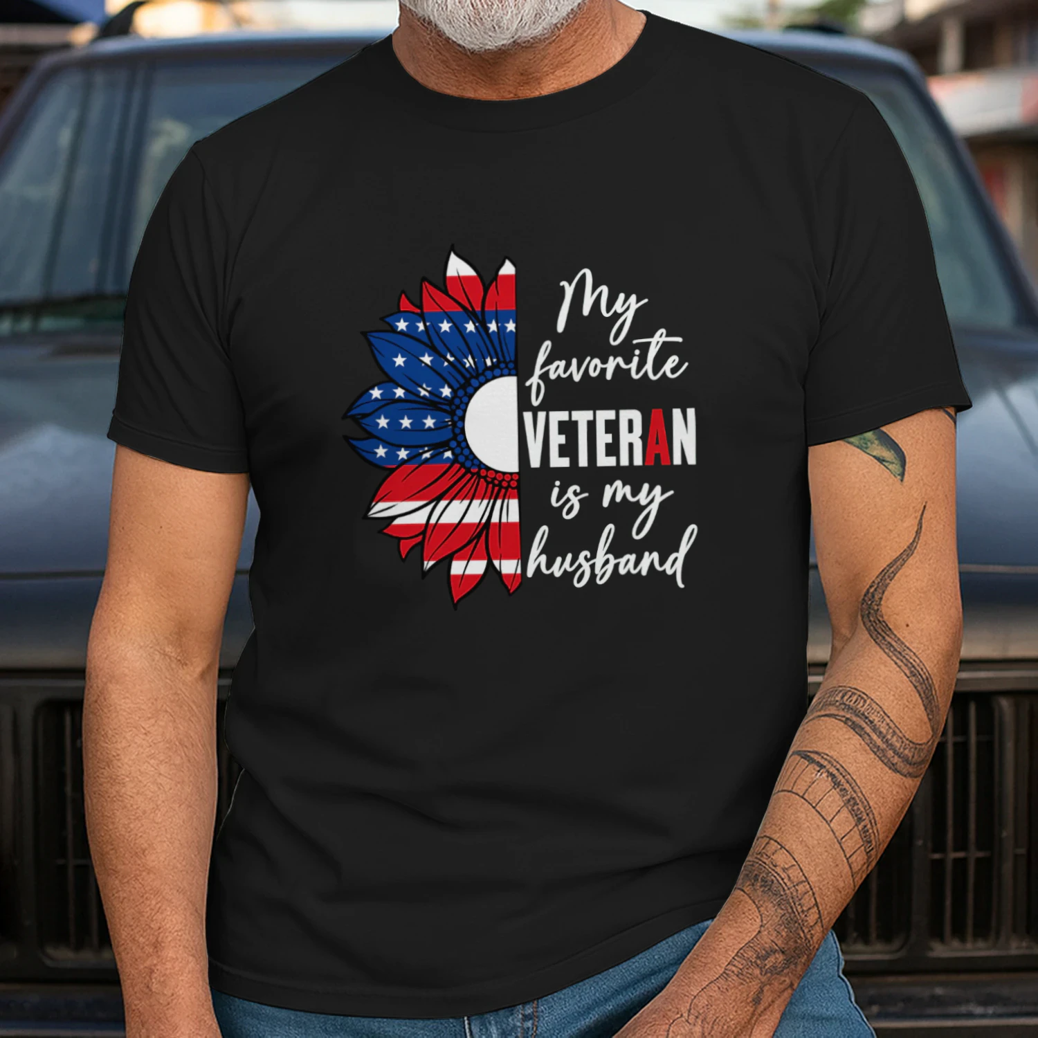 My Favorite Veteran Is My Husband Sunflower American Flag