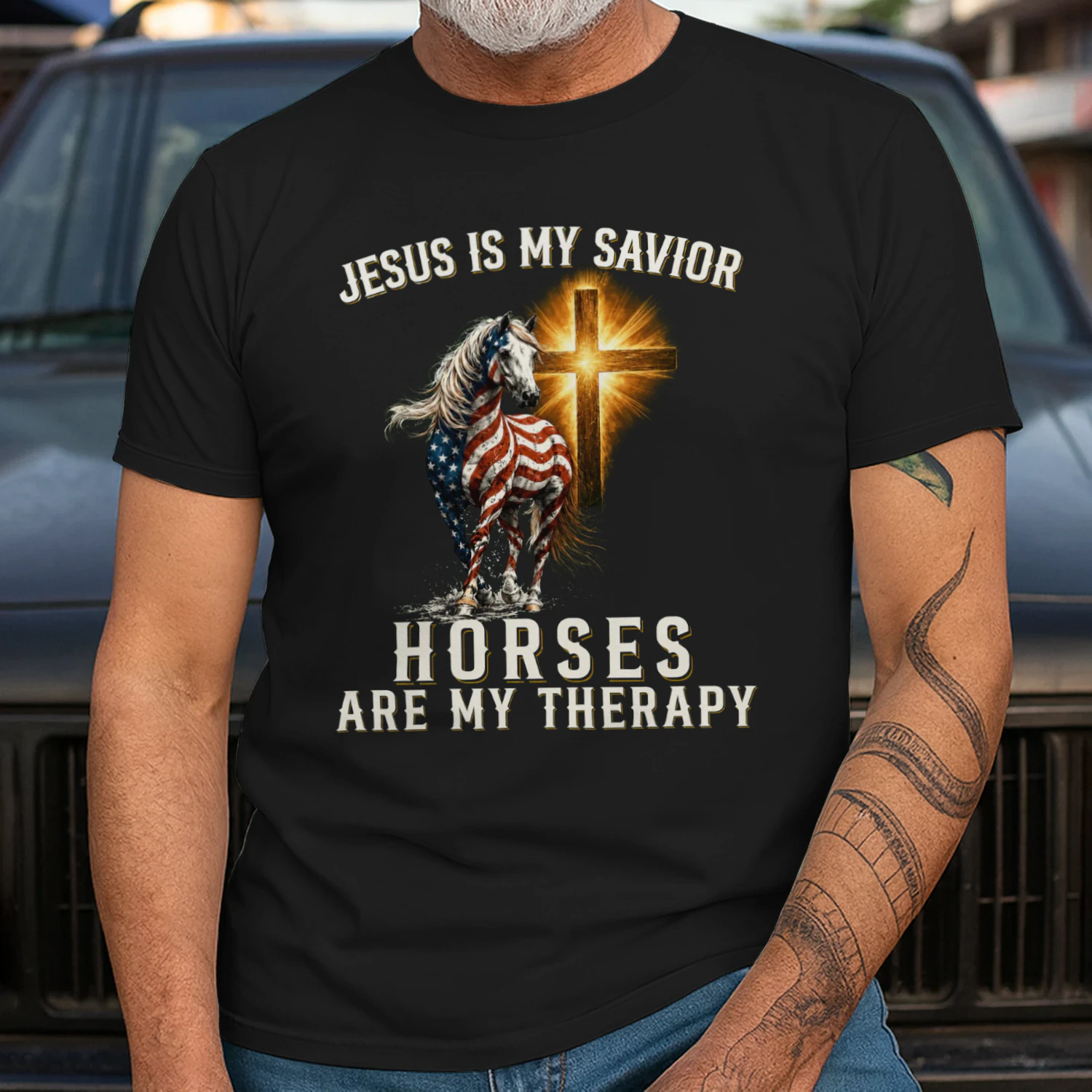 Jesus Savior Horses Therapy Usa Flag